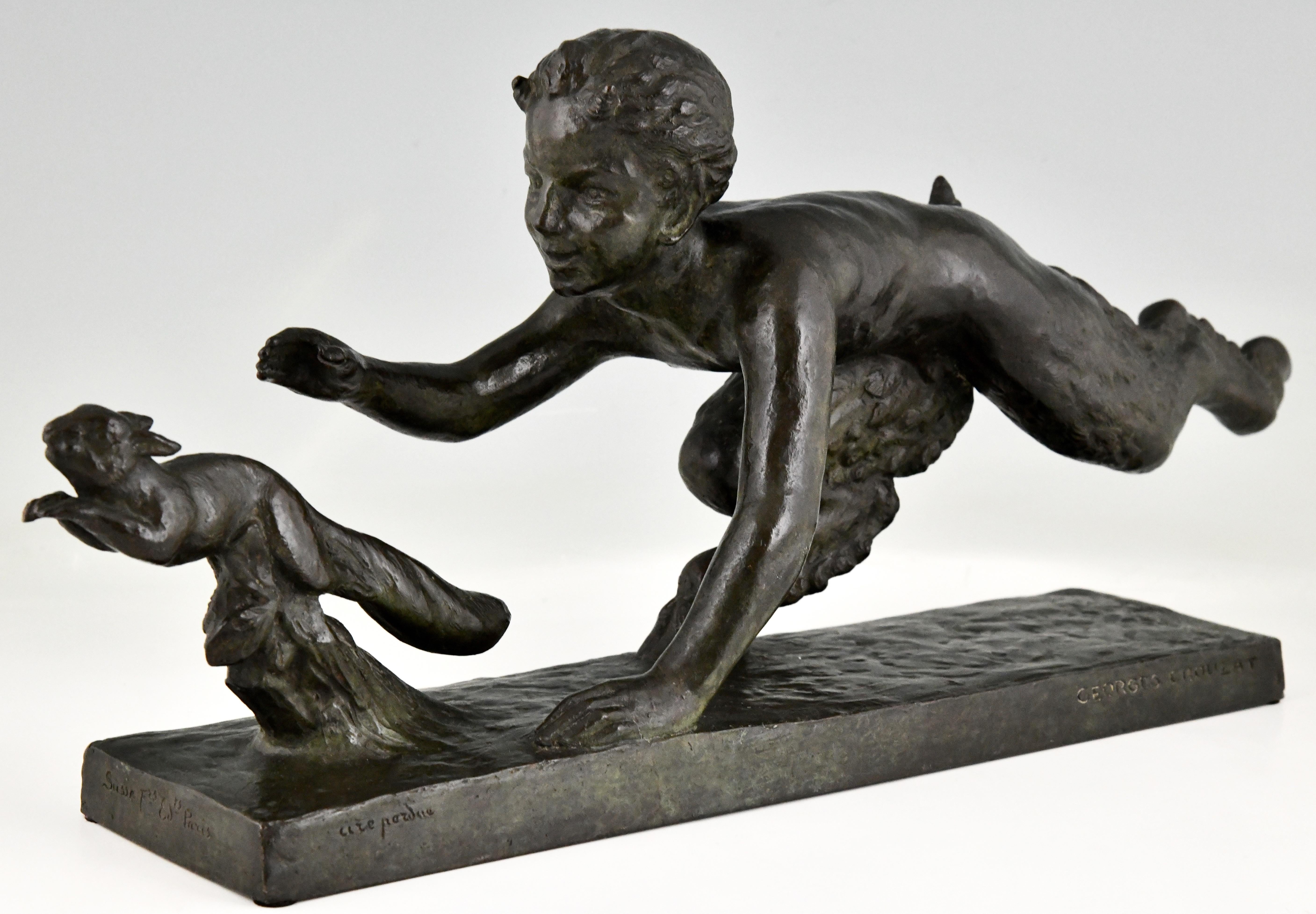 French Art Deco Bronze Sculpture Faun and Squirrel by Georges Crouzat, 1934 For Sale