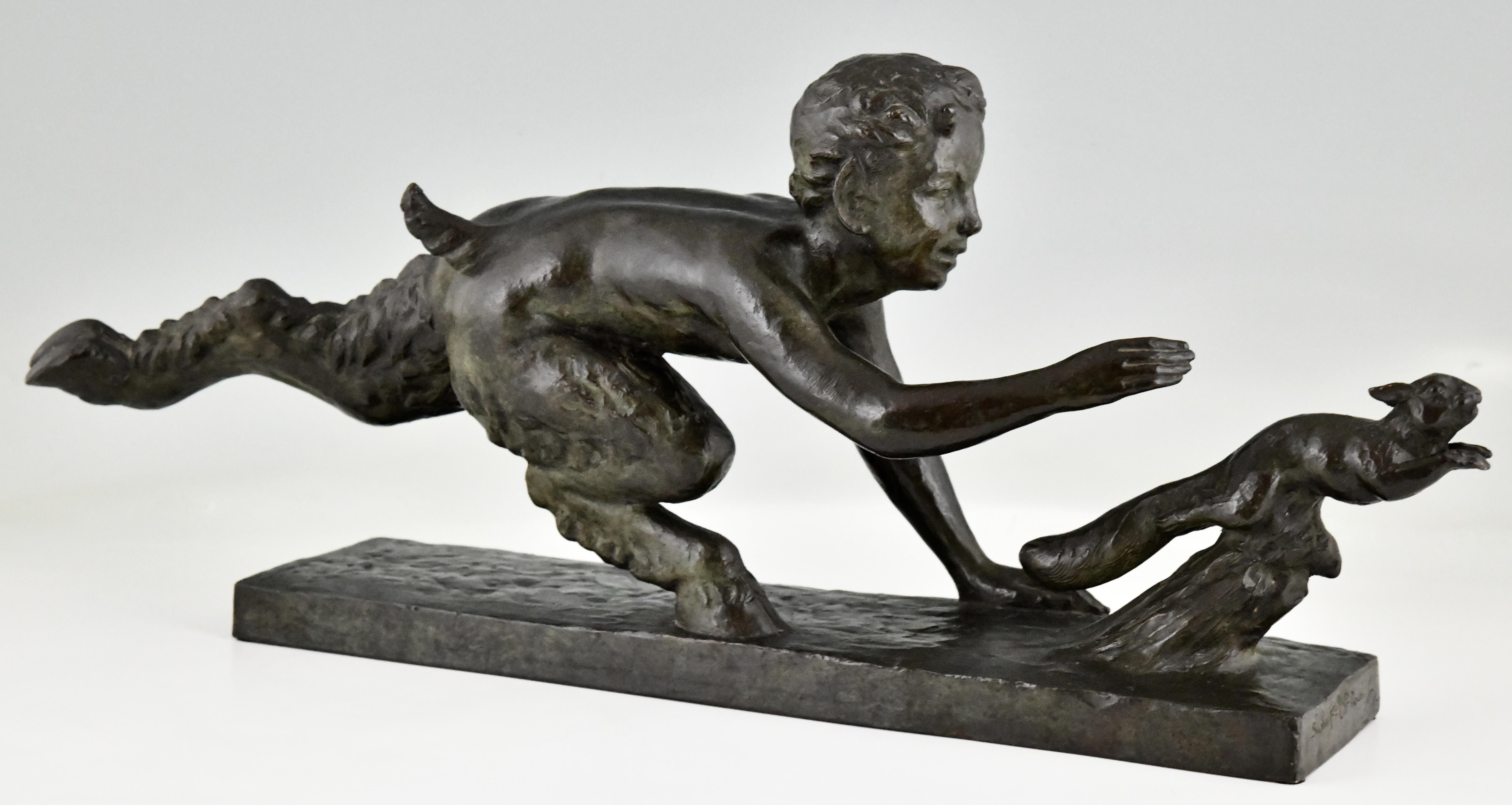 Art Deco Bronze Sculpture Faun and Squirrel by Georges Crouzat, 1934 In Good Condition For Sale In Antwerp, BE