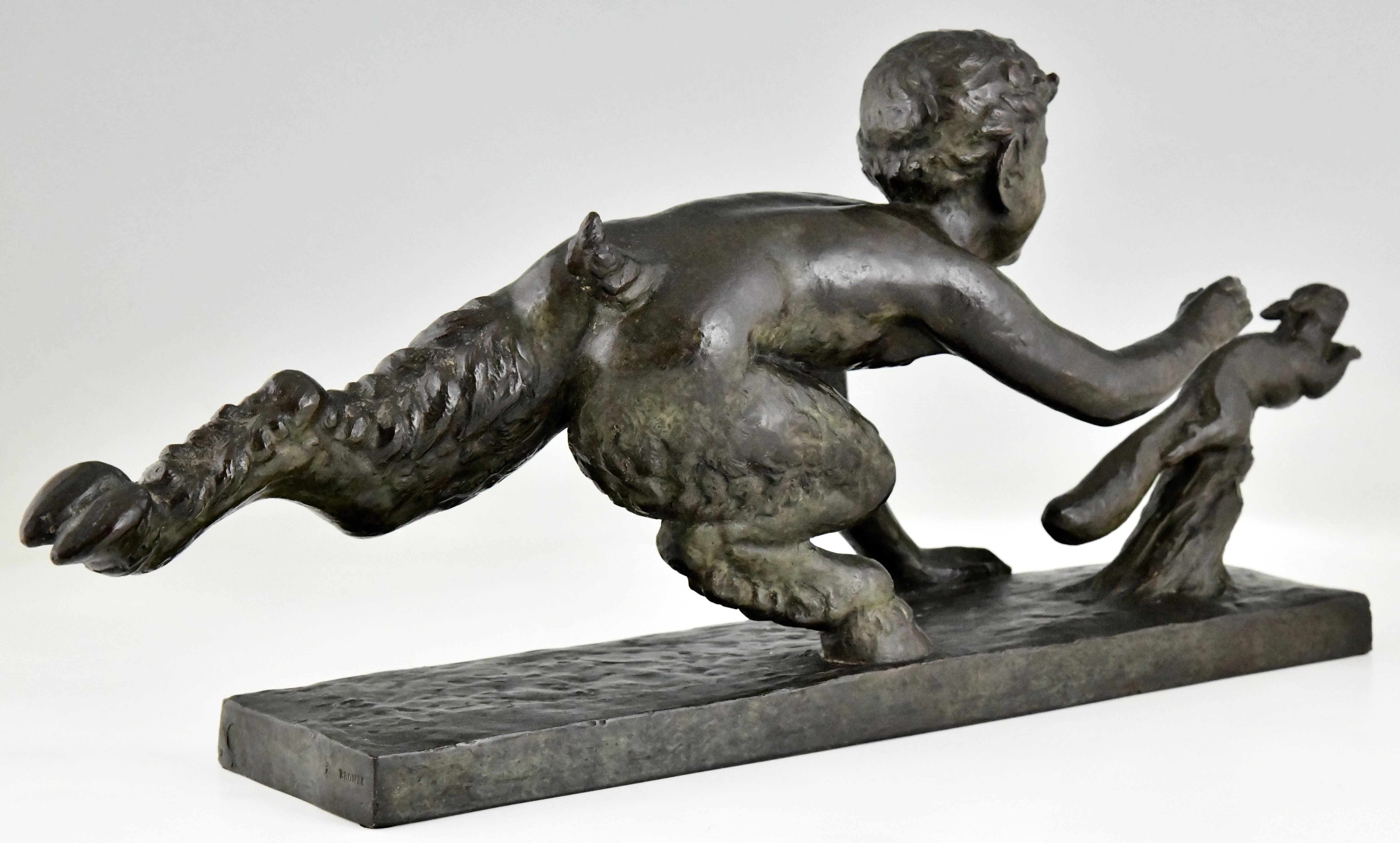 Art Deco Bronze Sculpture Faun and Squirrel by Georges Crouzat, 1934 For Sale 1