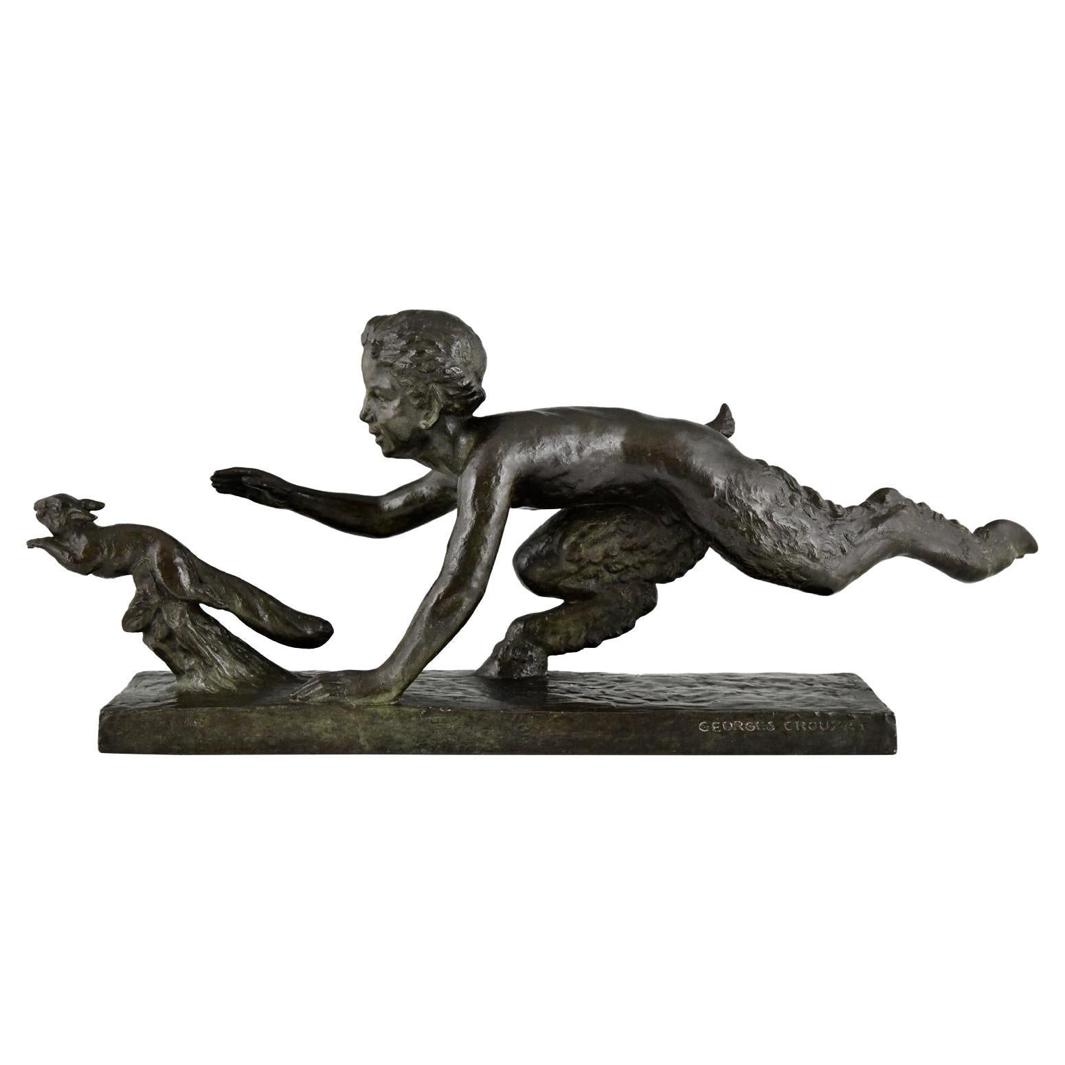 Art Deco Bronze Sculpture Faun and Squirrel by Georges Crouzat, 1934 For Sale