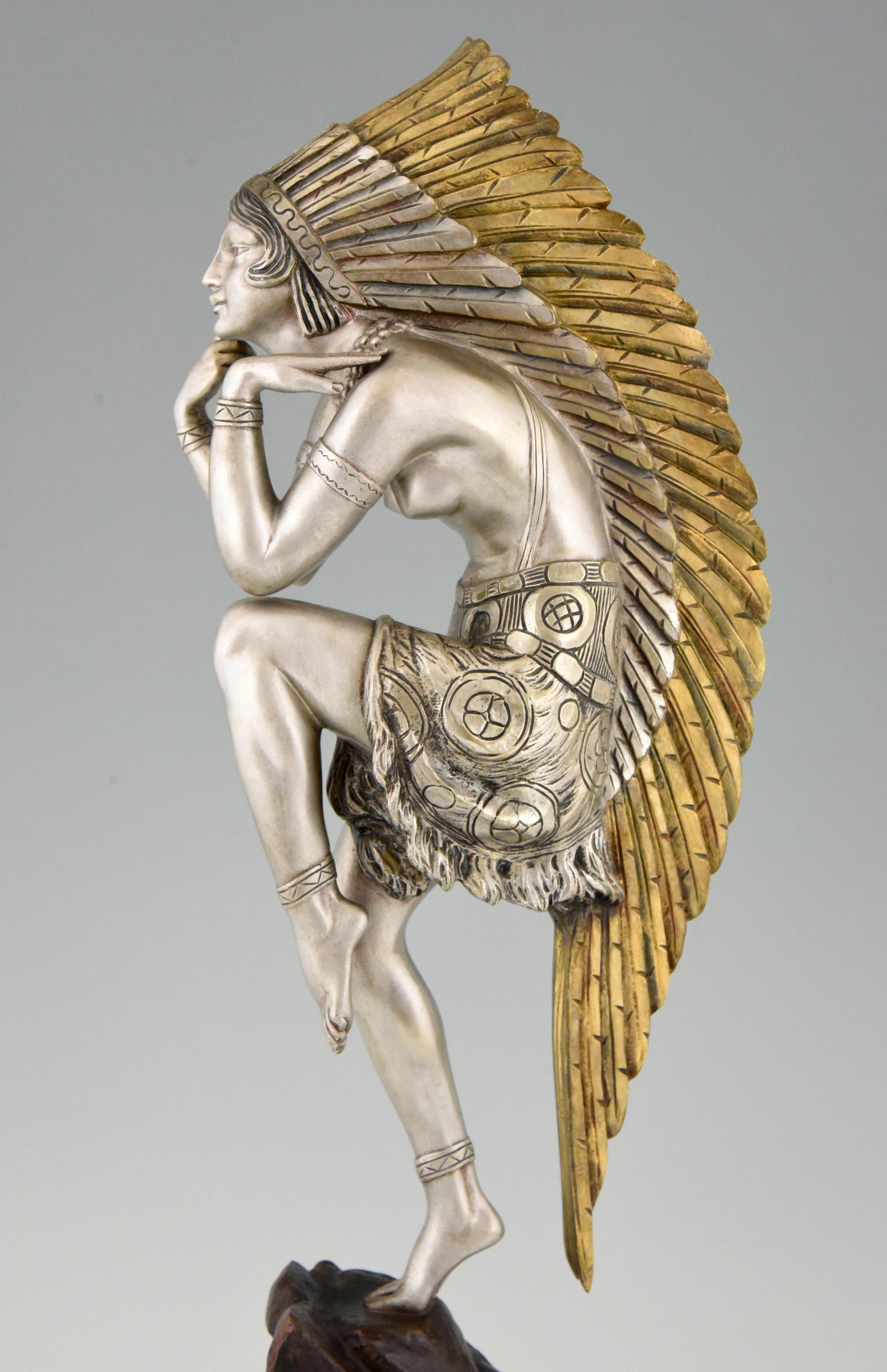 Art Deco Bronze Sculpture Female Indian Dancer with Headdress by Marcel Bouraine 4