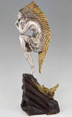 Art-Déco-Bronze-Skulptur einer indischen Tänzerin mit Kopfschmuck von Marcel Bouraine