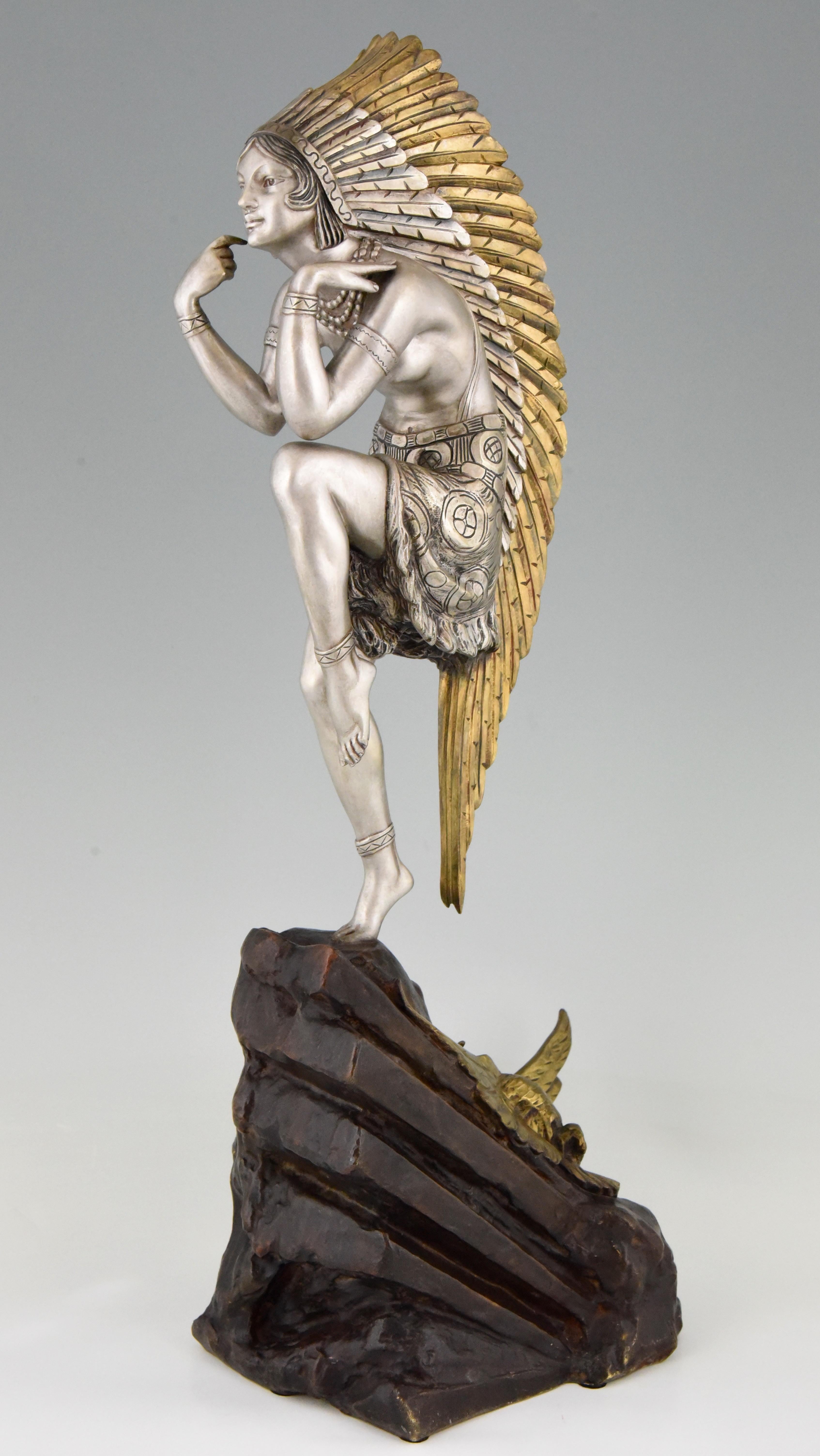 French Art Deco Bronze Sculpture Female Indian Dancer with Headdress by Marcel Bouraine