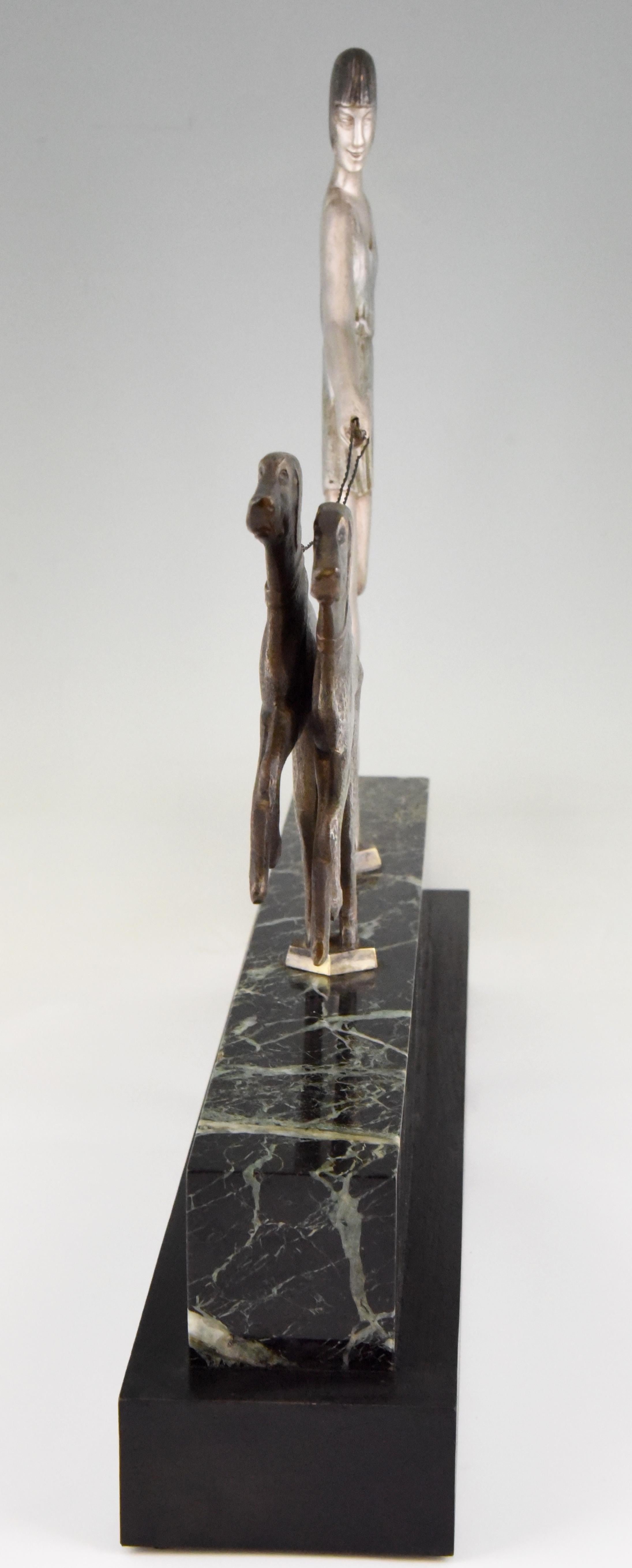 French Art Deco Bronze Sculpture Girl with Dogs by Janle, 1930