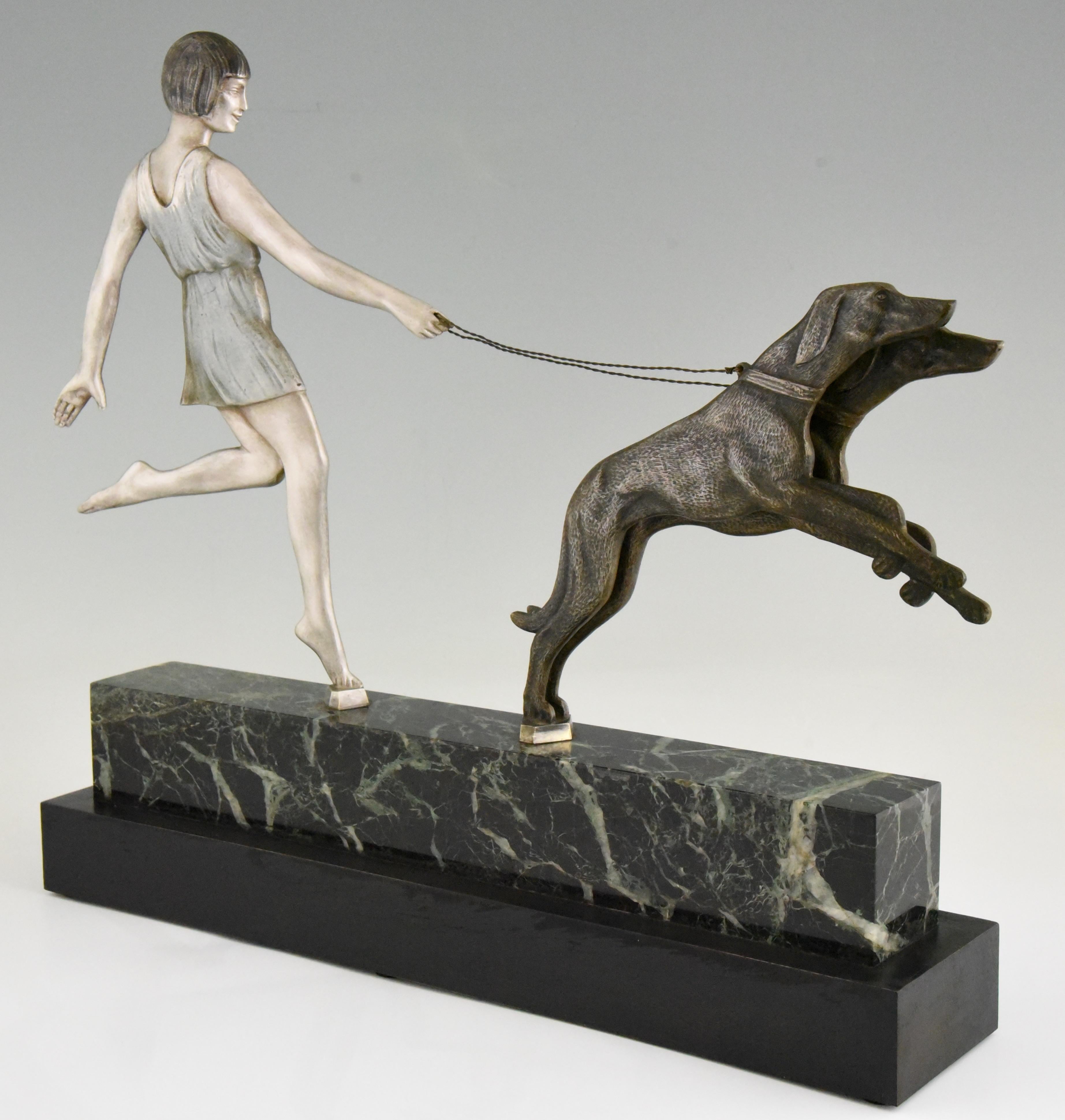 Patinated Art Deco Bronze Sculpture Girl with Dogs by Janle, 1930