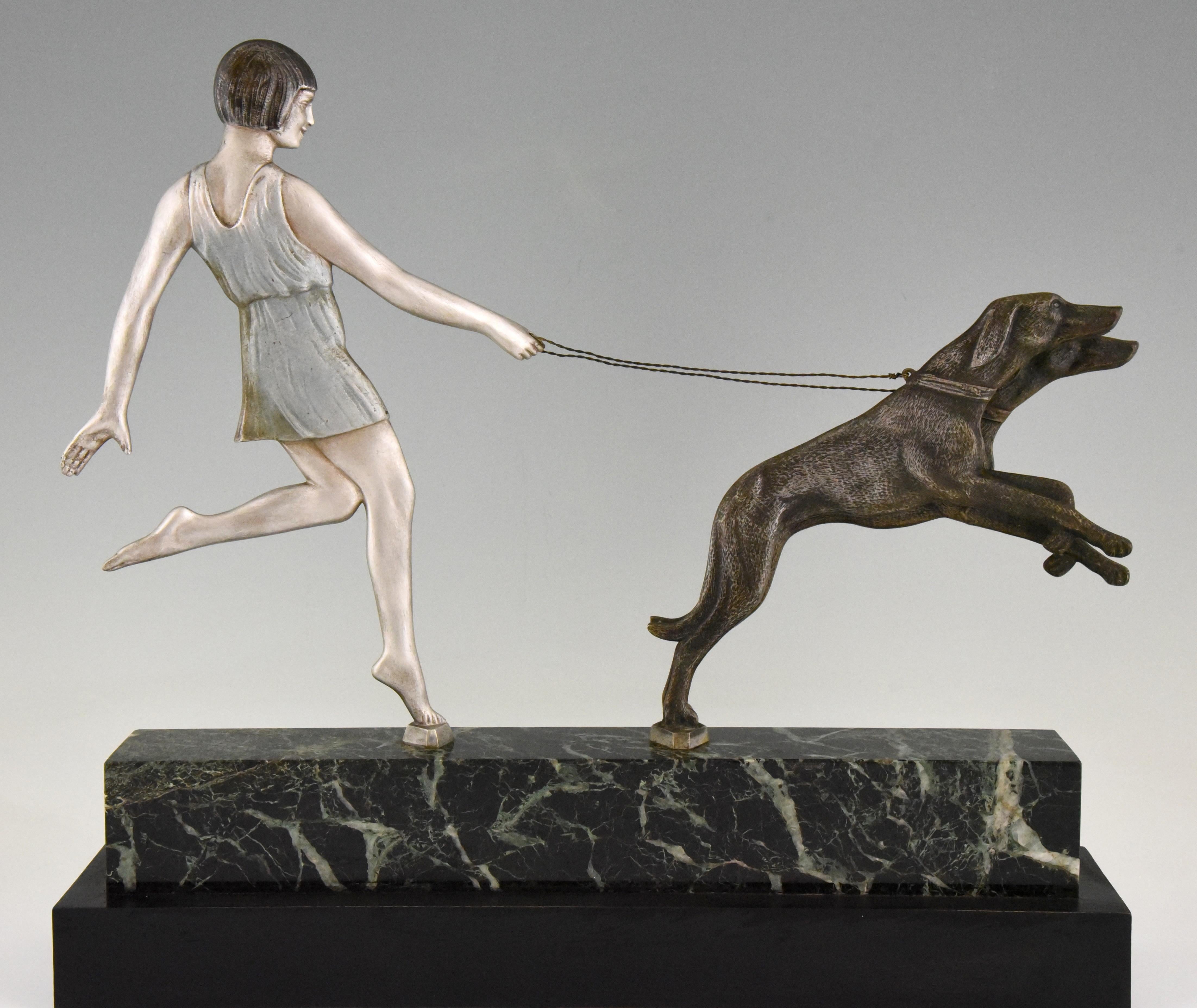 Art Deco Bronze Sculpture Girl with Dogs by Janle, 1930 In Good Condition In Antwerp, BE