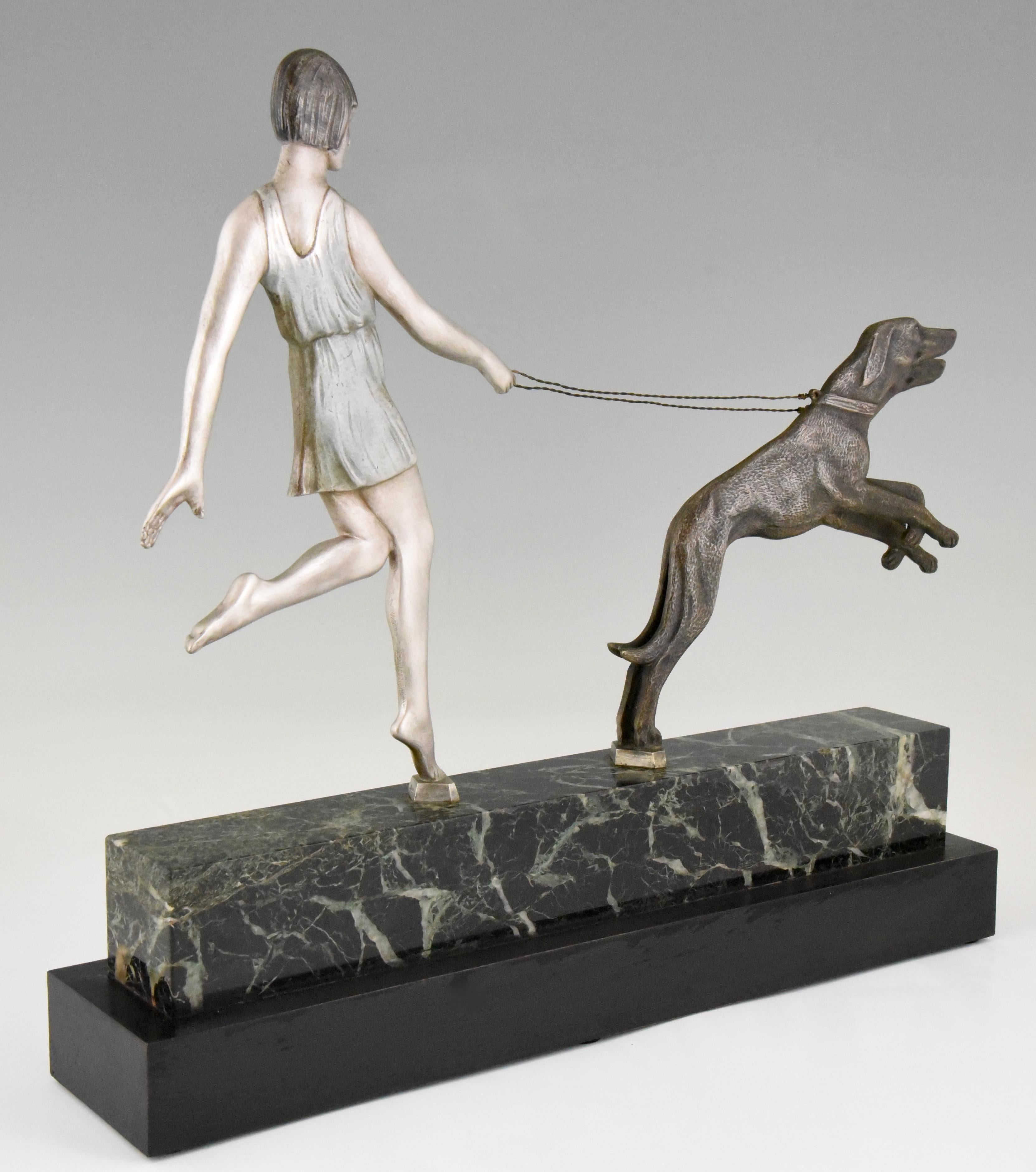 20th Century Art Deco Bronze Sculpture Girl with Dogs by Janle, 1930