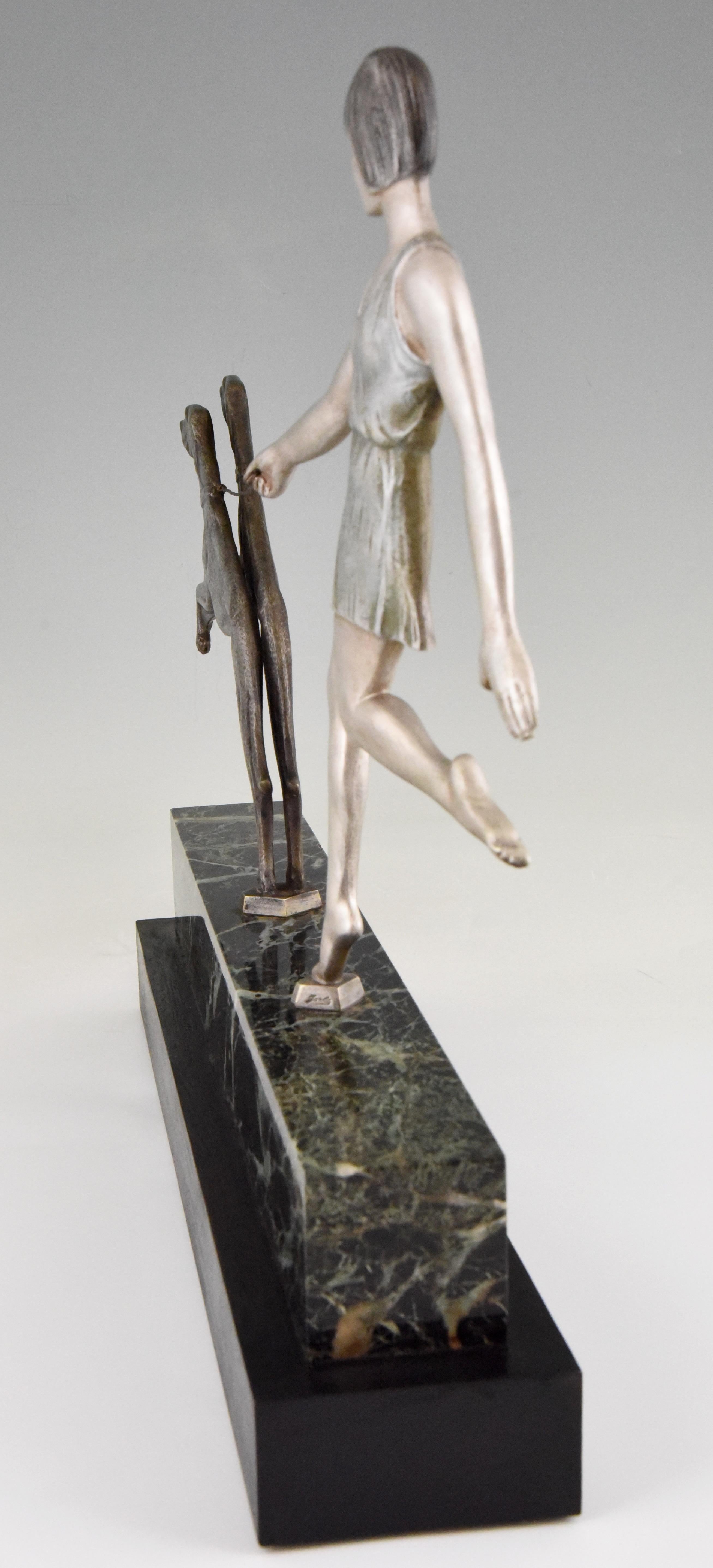 Art Deco Bronze Sculpture Girl with Dogs by Janle, 1930 1
