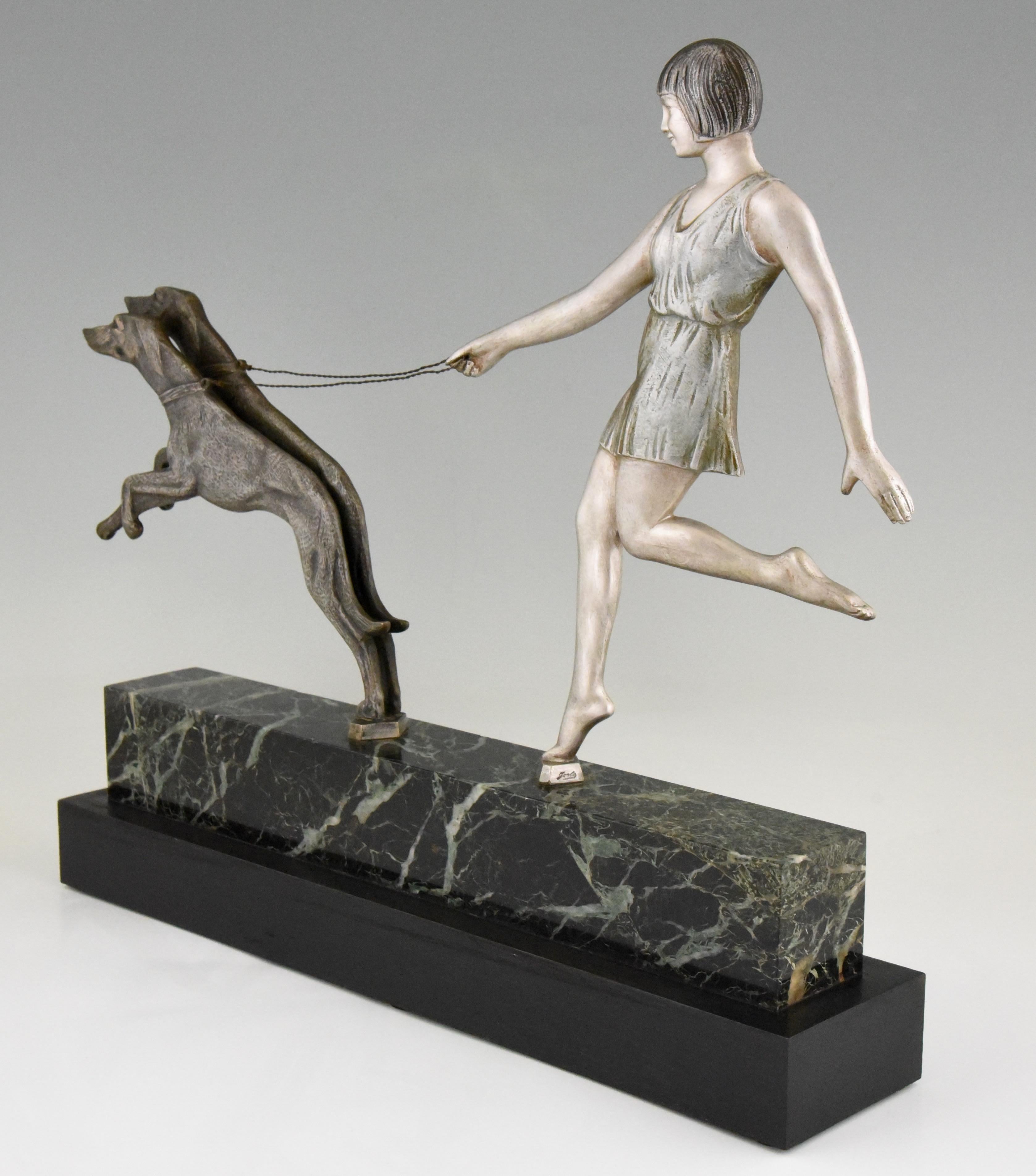Art Deco Bronze Sculpture Girl with Dogs by Janle, 1930 2
