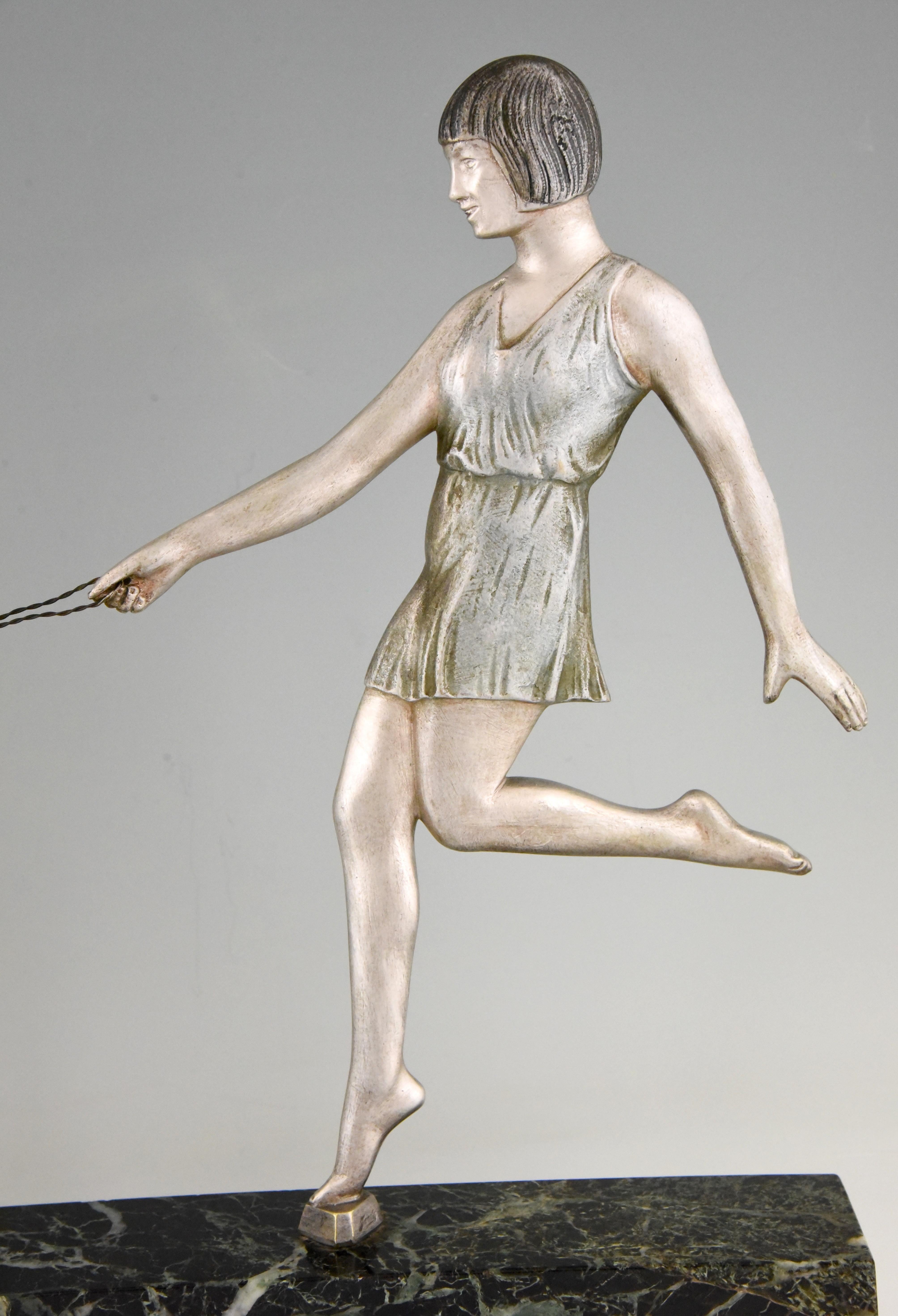 Art Deco Bronze Sculpture Girl with Dogs by Janle, 1930 3