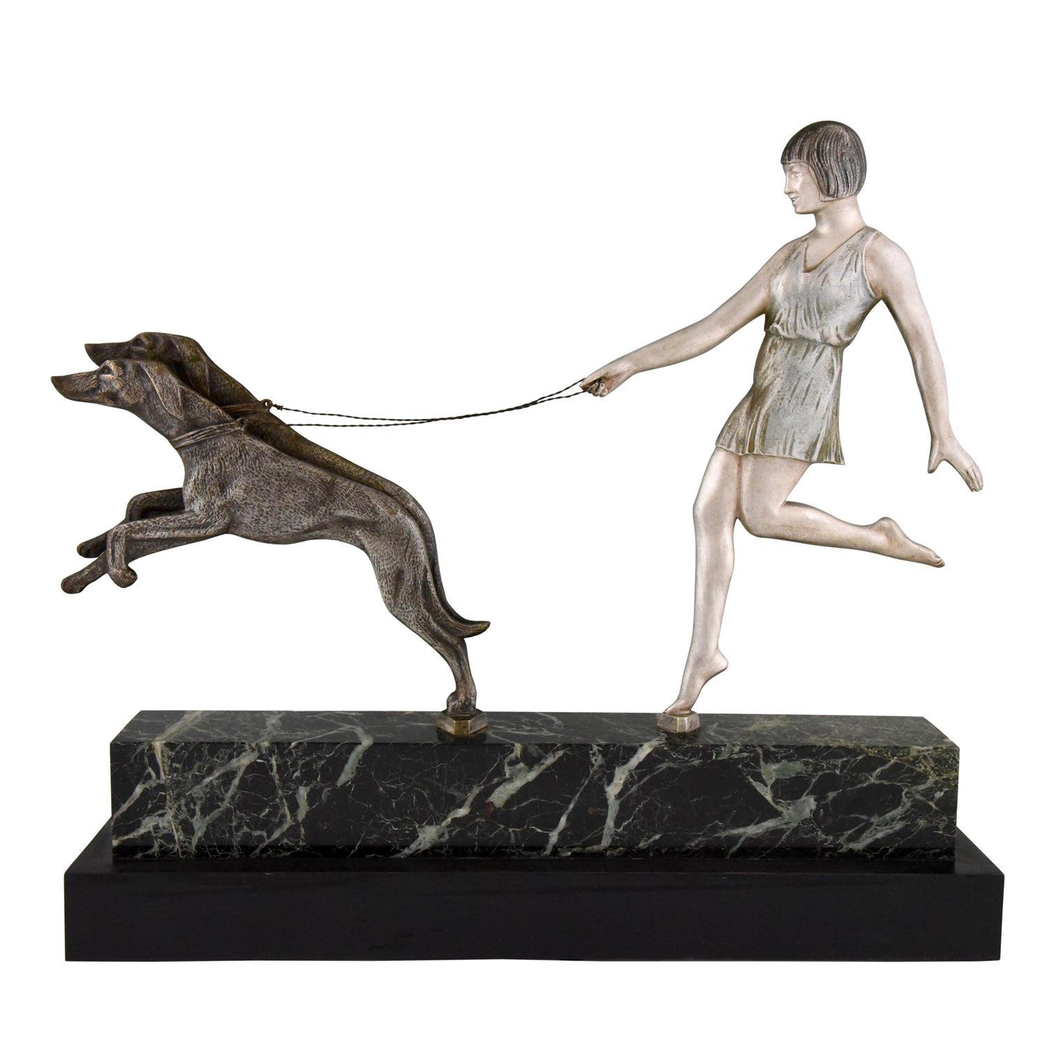 Art Deco Bronze Sculpture Girl with Dogs by Janle, 1930