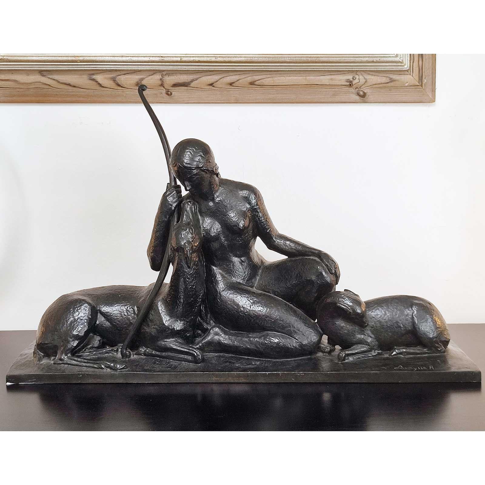 French Art Deco Bronze Sculpture Goddess of the Hunt by Andre Lavaysse, Susse Freres For Sale