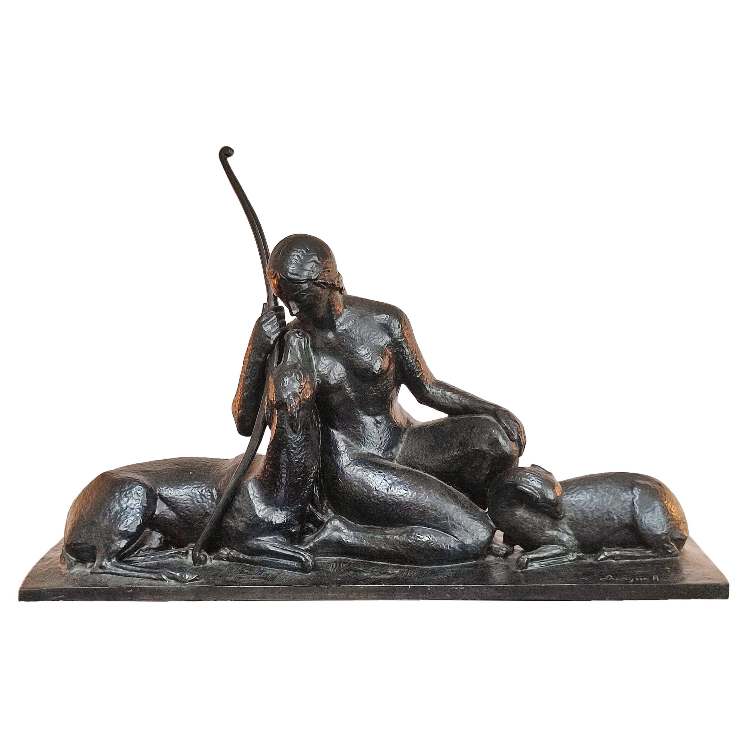 Bronzeskulptur der Jagd Göttin der Jagd im Art déco-Stil von Andre Lavaysse, Susse Freres