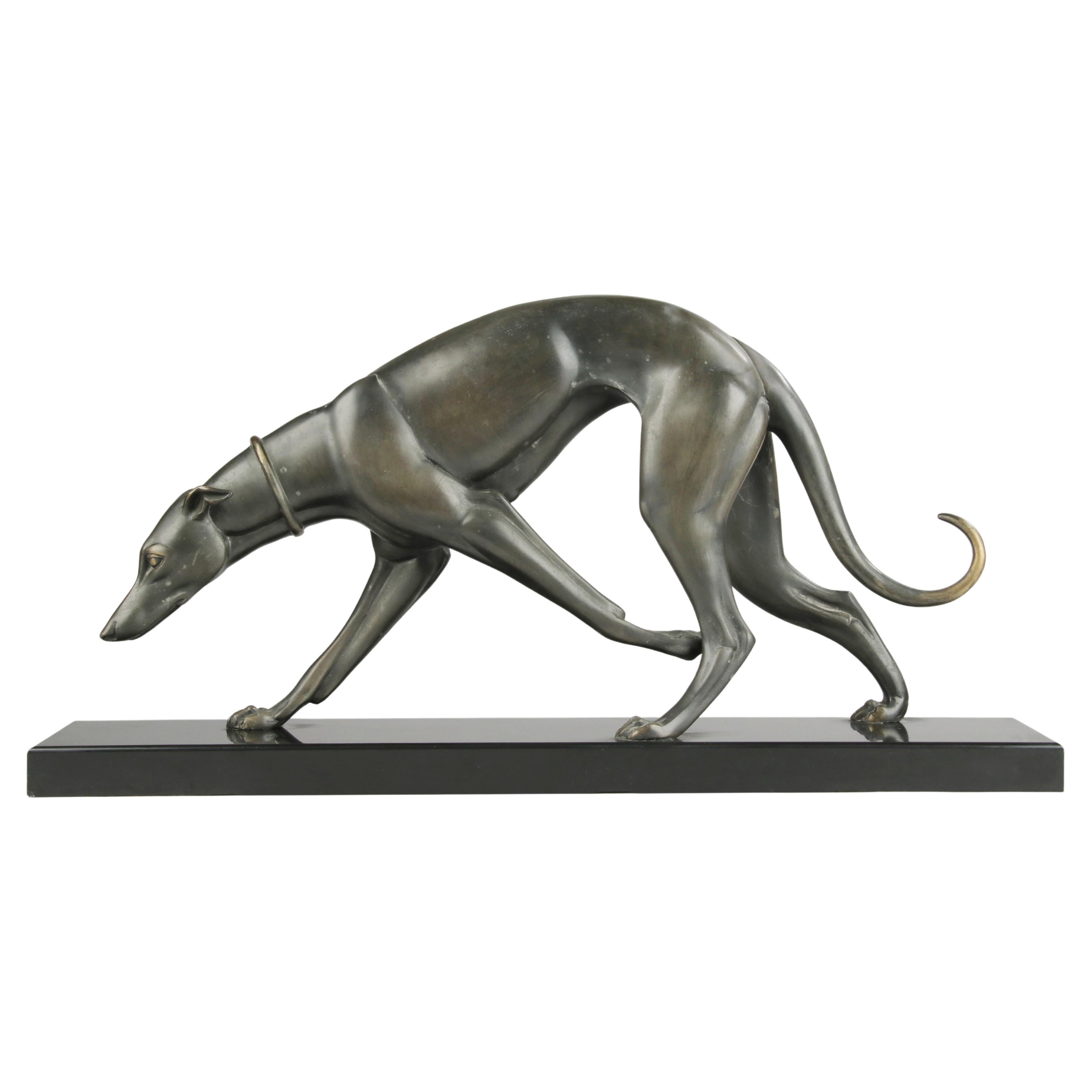 Art Deco Bronze-Skulptur Windhund / Whippet von Irénée Rochard