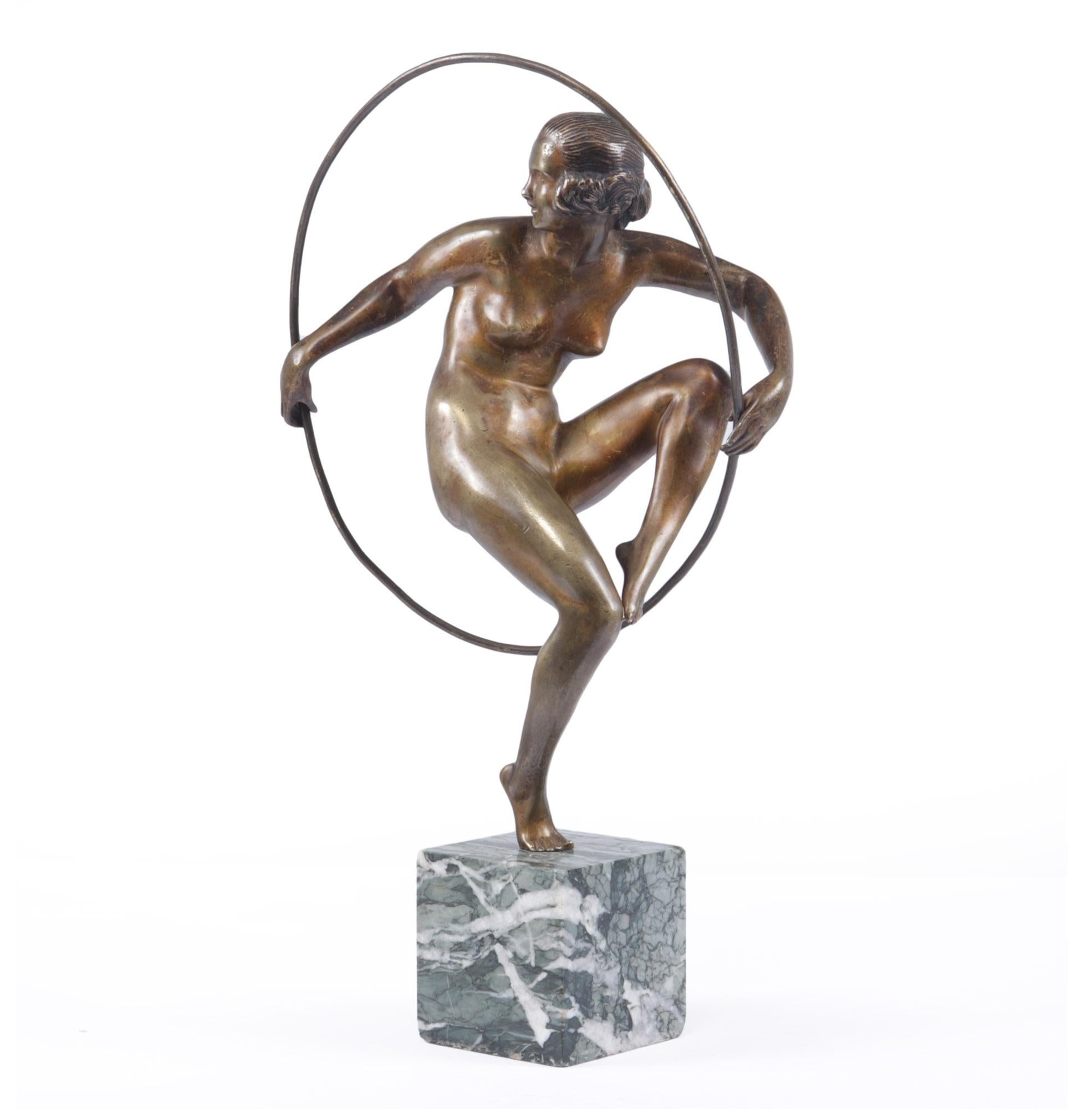 Art Deco bronze sculpture hoop dancer by A Bouraine c1920
An unsigned French art deco bronze hoop dancer by Marcel Bouraine with lovely patina standing on a green marble base, there are a few age related marks but overall in very good