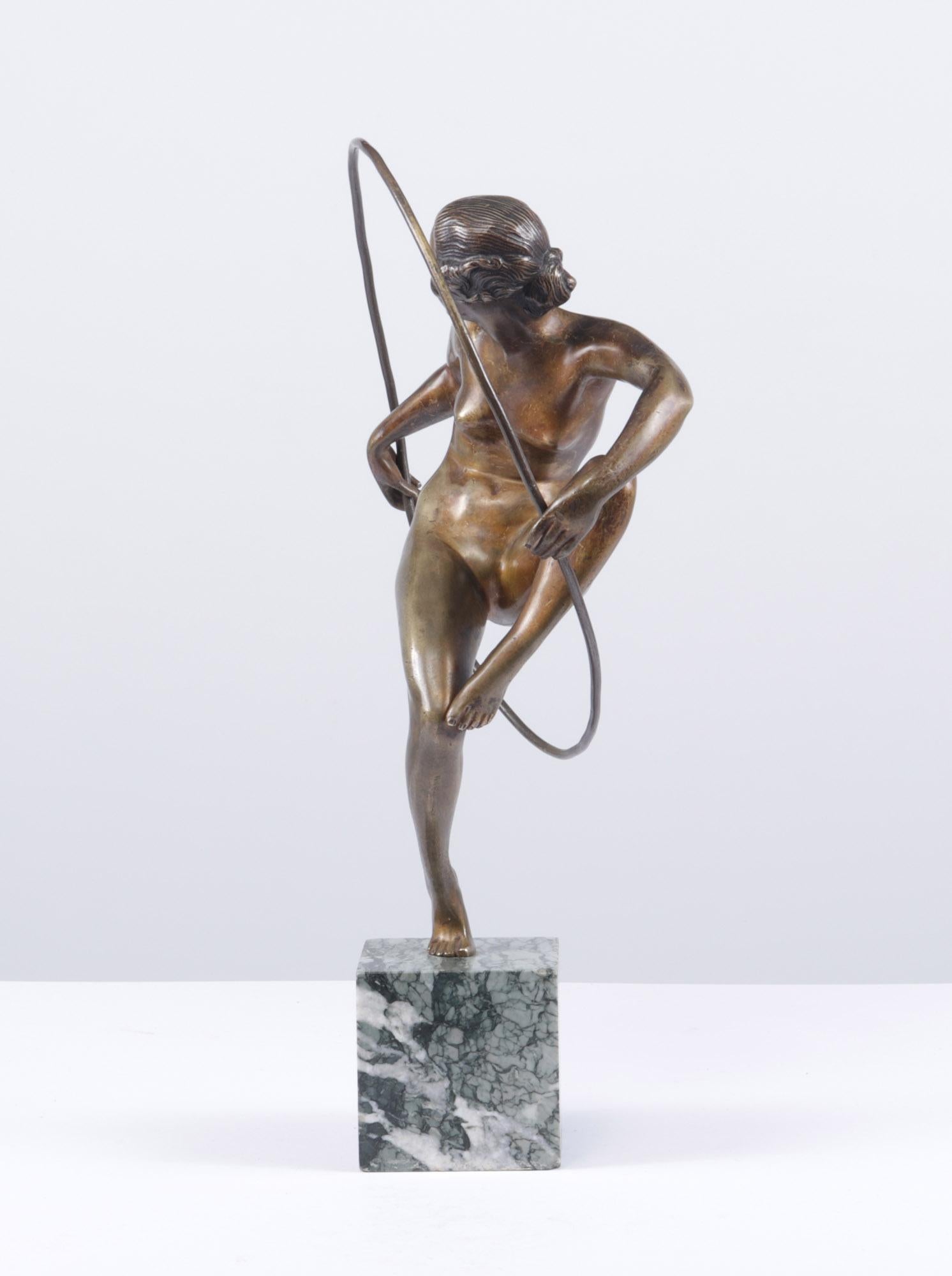 French Art Deco Bronze Sculpture Hoop Dancer by A Bouraine c1920