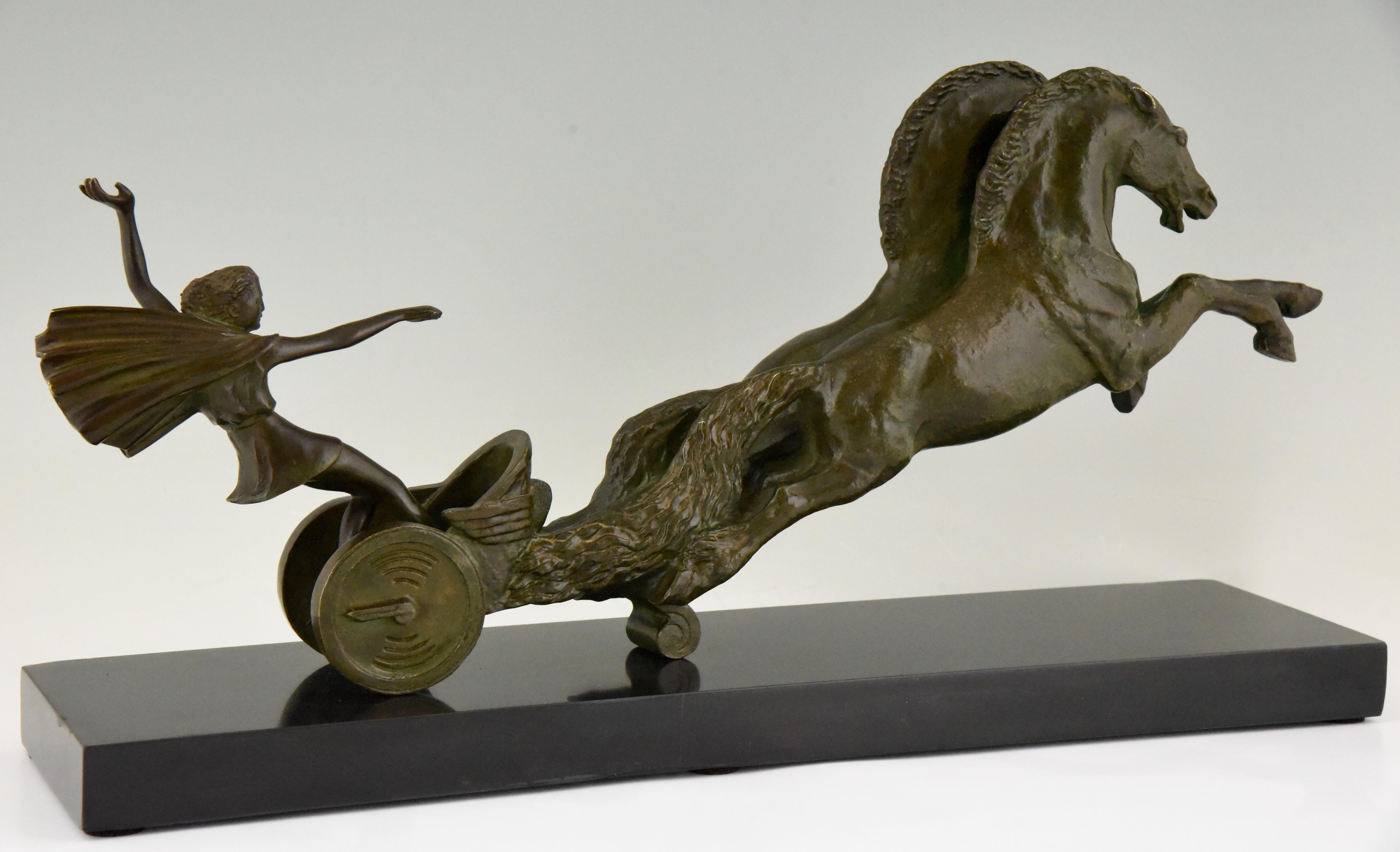 French Art Deco Bronze Sculpture Horse and Carriage Jean Charles Ruchot France 1930