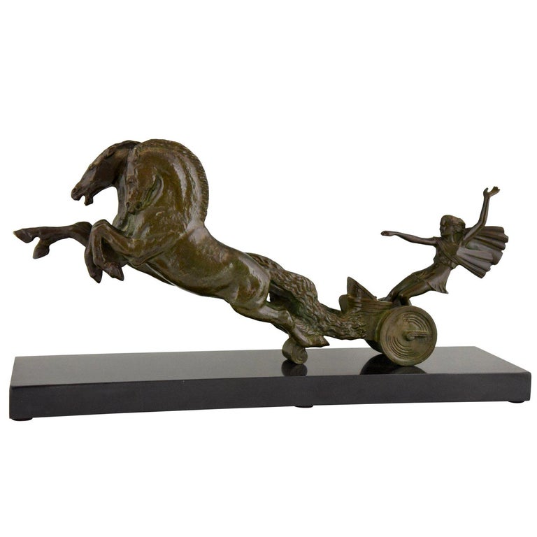 Art Deco Bronze Sculpture Horse and Carriage Jean Charles Ruchot France 1930 For Sale