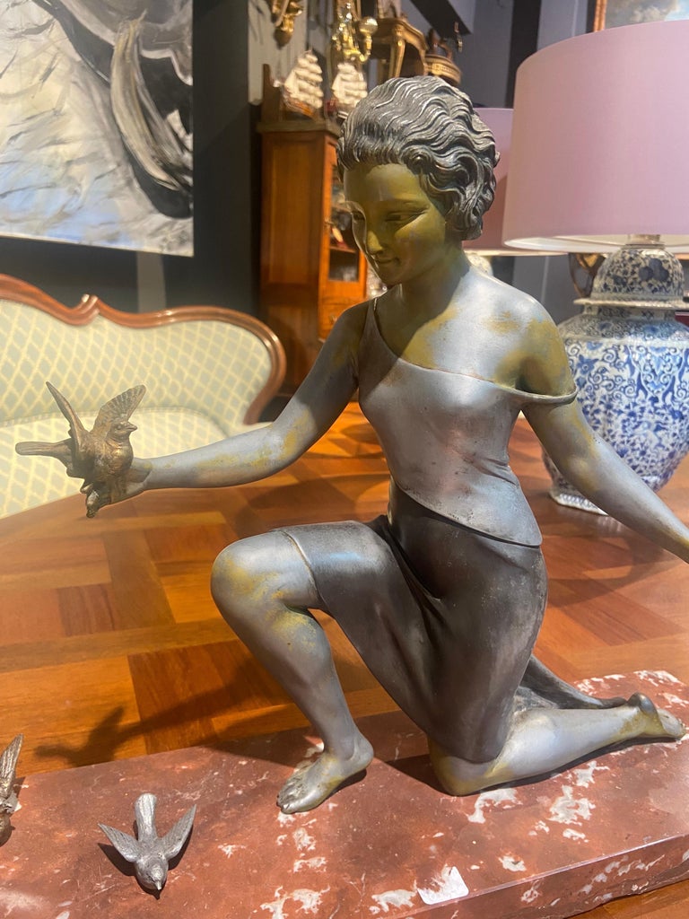 Italian Art Deco Bronze Sculpture Lady with Birds on Marble Base by Ugo Cipriani For Sale