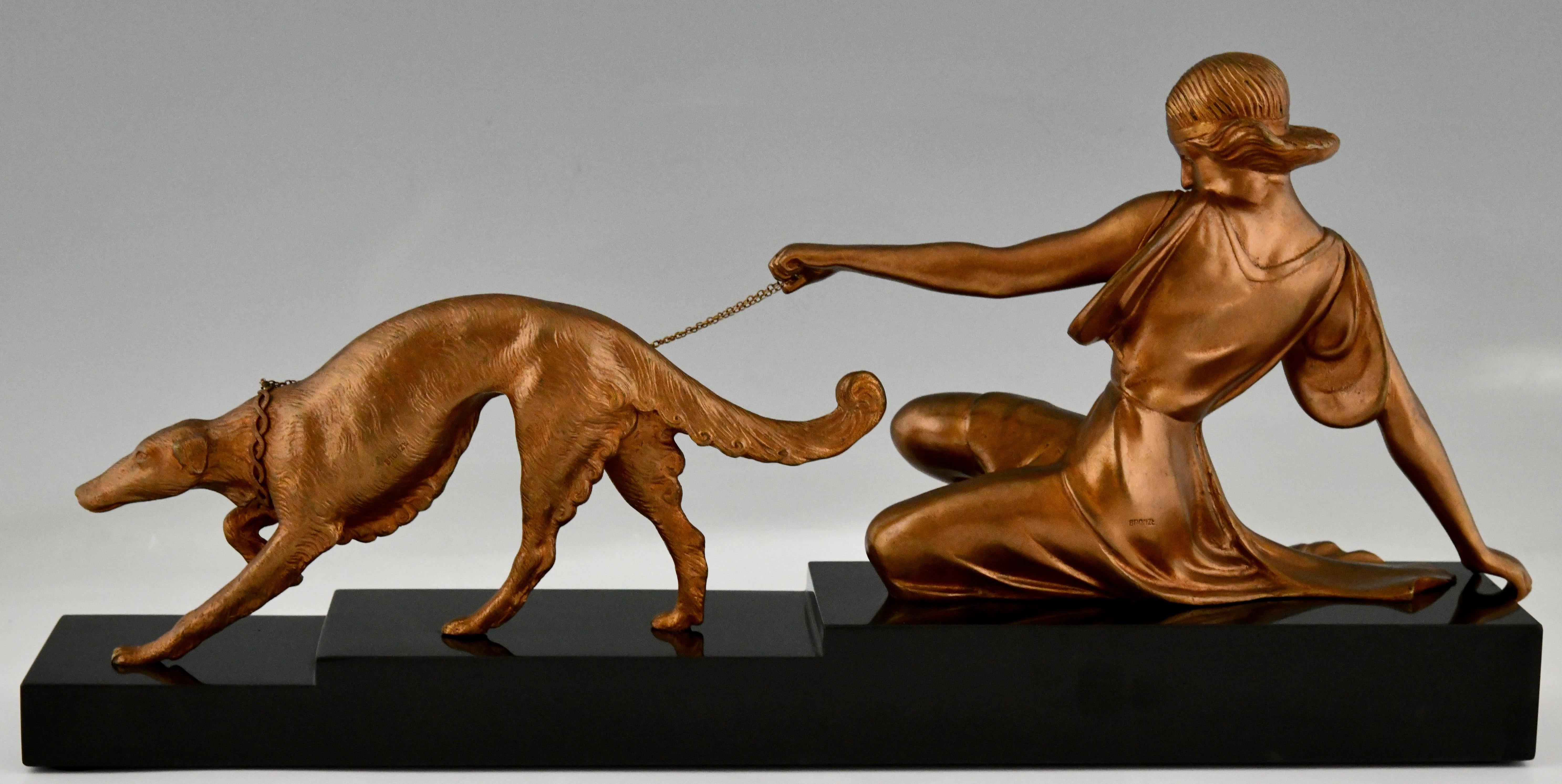 Art Deco Bronze Sculpture Lady with Greyhound Dog by Armand Godard 1930