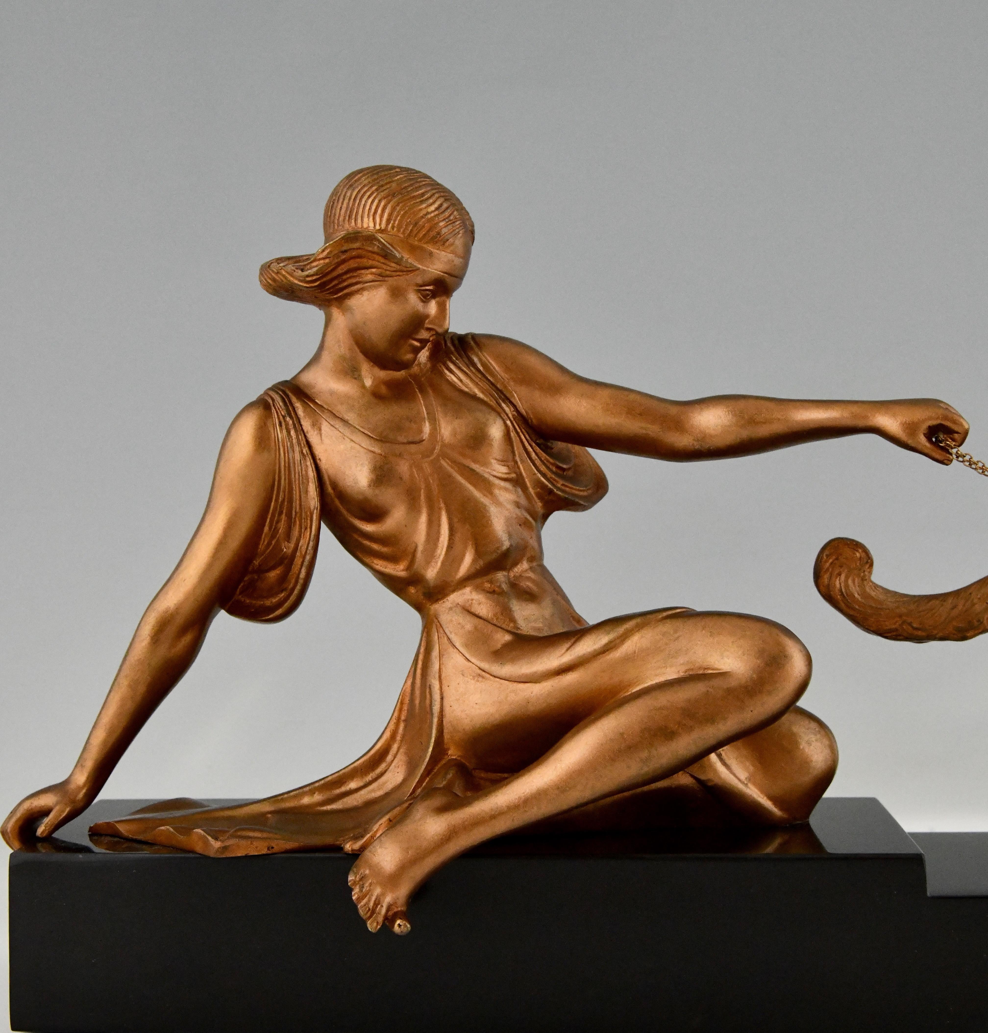 Art Deco Bronze Sculpture Lady with Greyhound Dog by Armand Godard 1930 For Sale 2