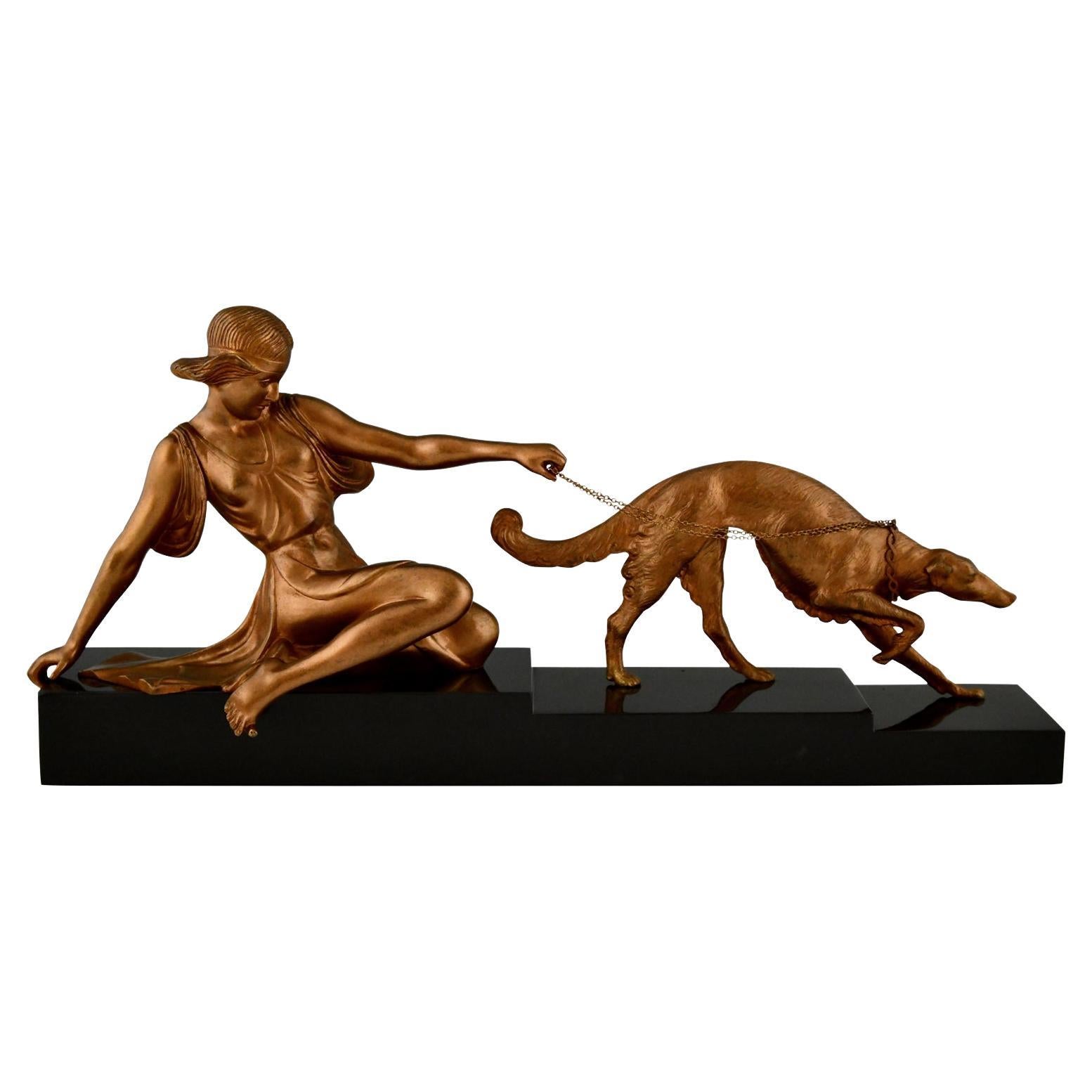 Art Deco Bronze Sculpture Lady with Greyhound Dog by Armand Godard 1930 For Sale