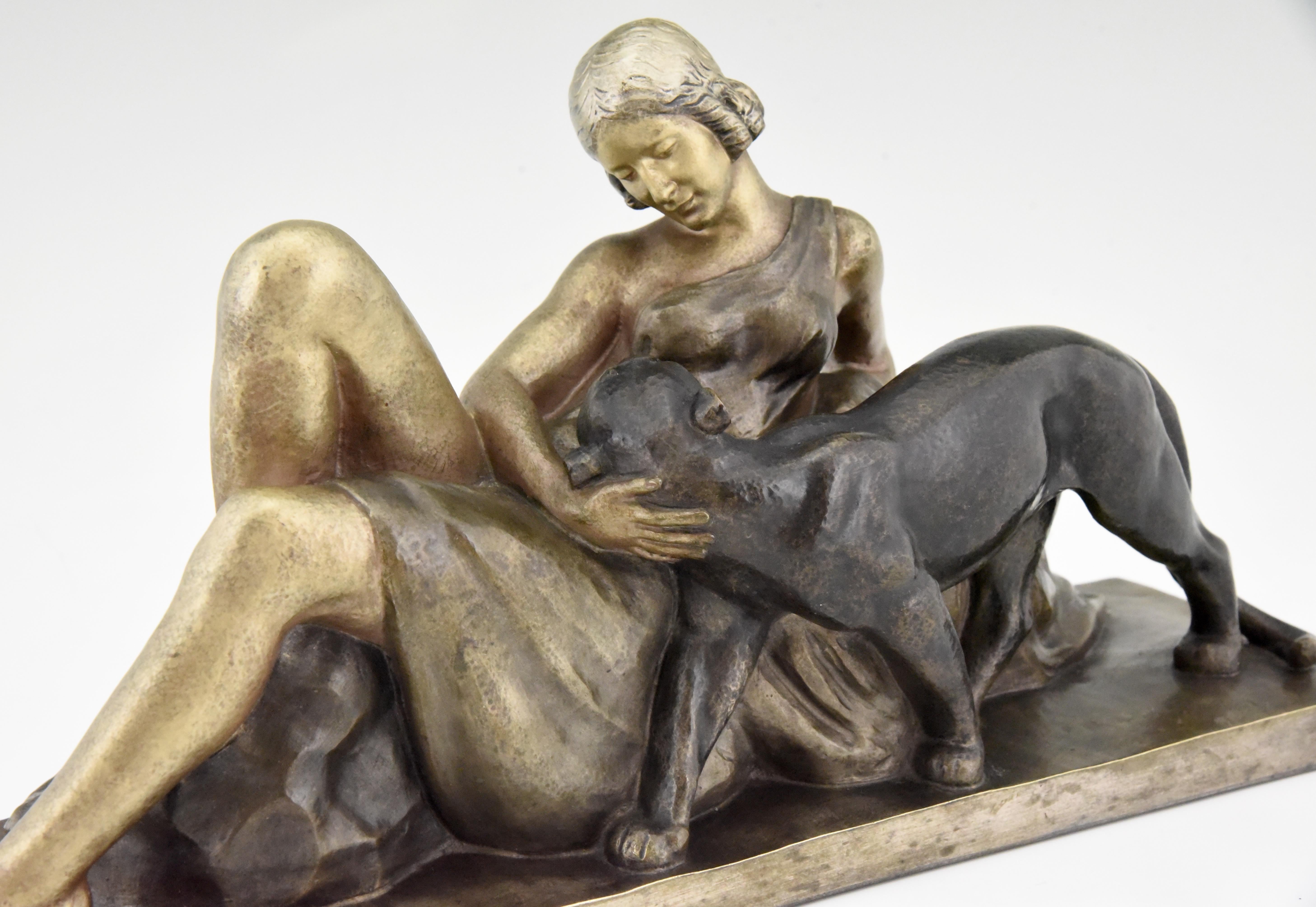 Art Deco Bronze Sculpture Lady with Panther Alexandre Ouline, France, 1930 4