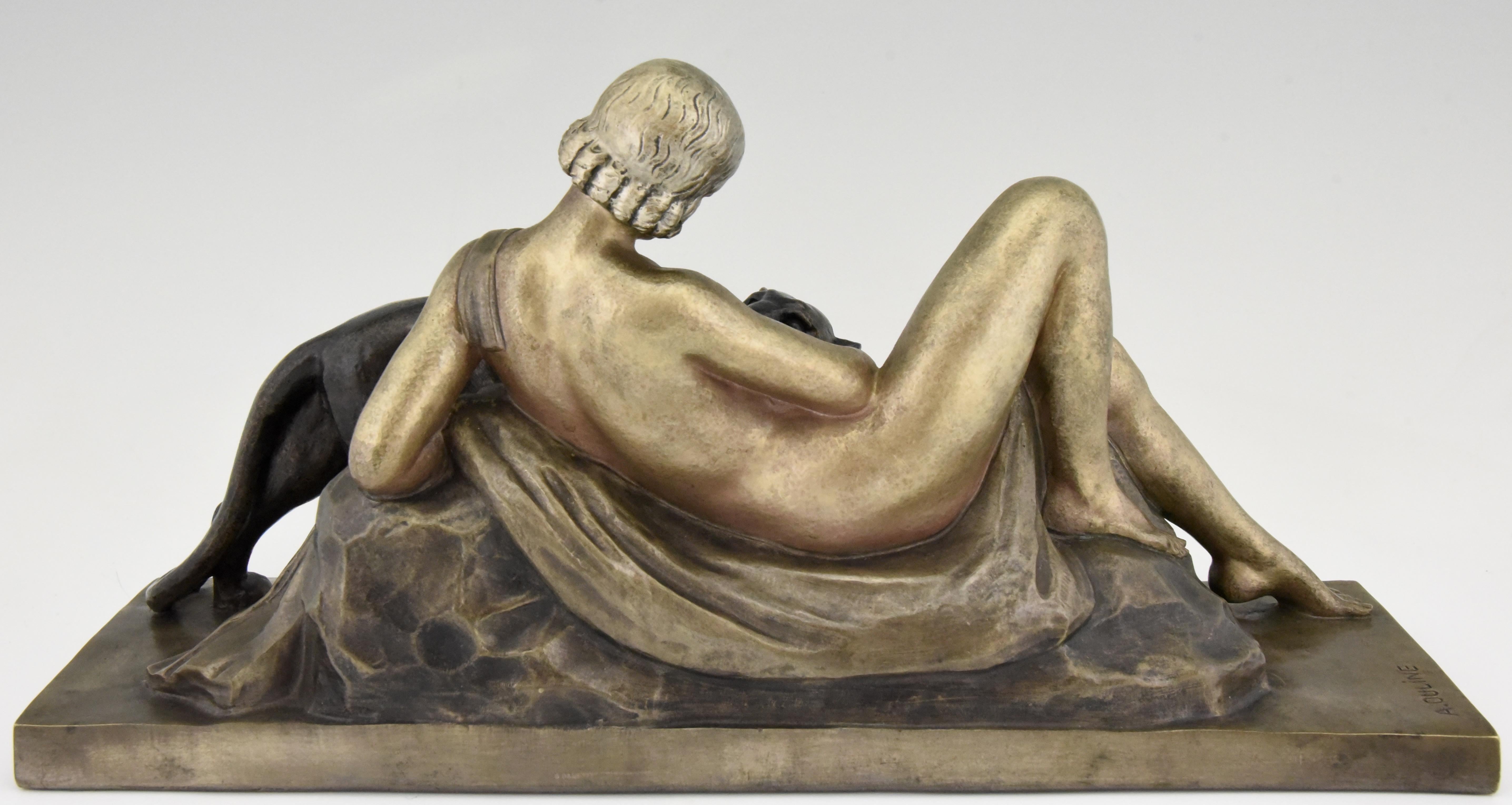 Mid-20th Century Art Deco Bronze Sculpture Lady with Panther Alexandre Ouline, France, 1930