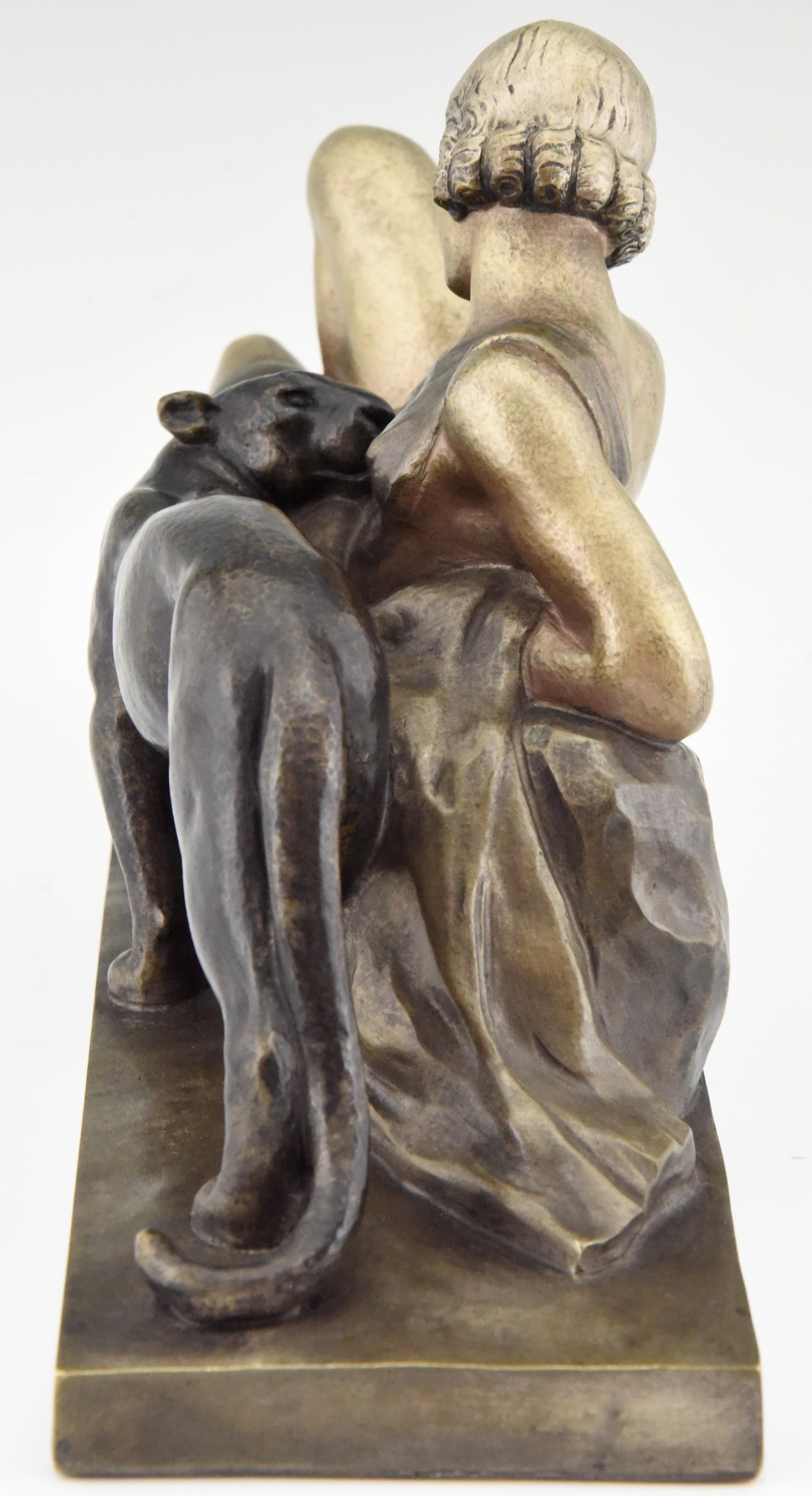 Art Deco Bronze Sculpture Lady with Panther Alexandre Ouline, France, 1930 1