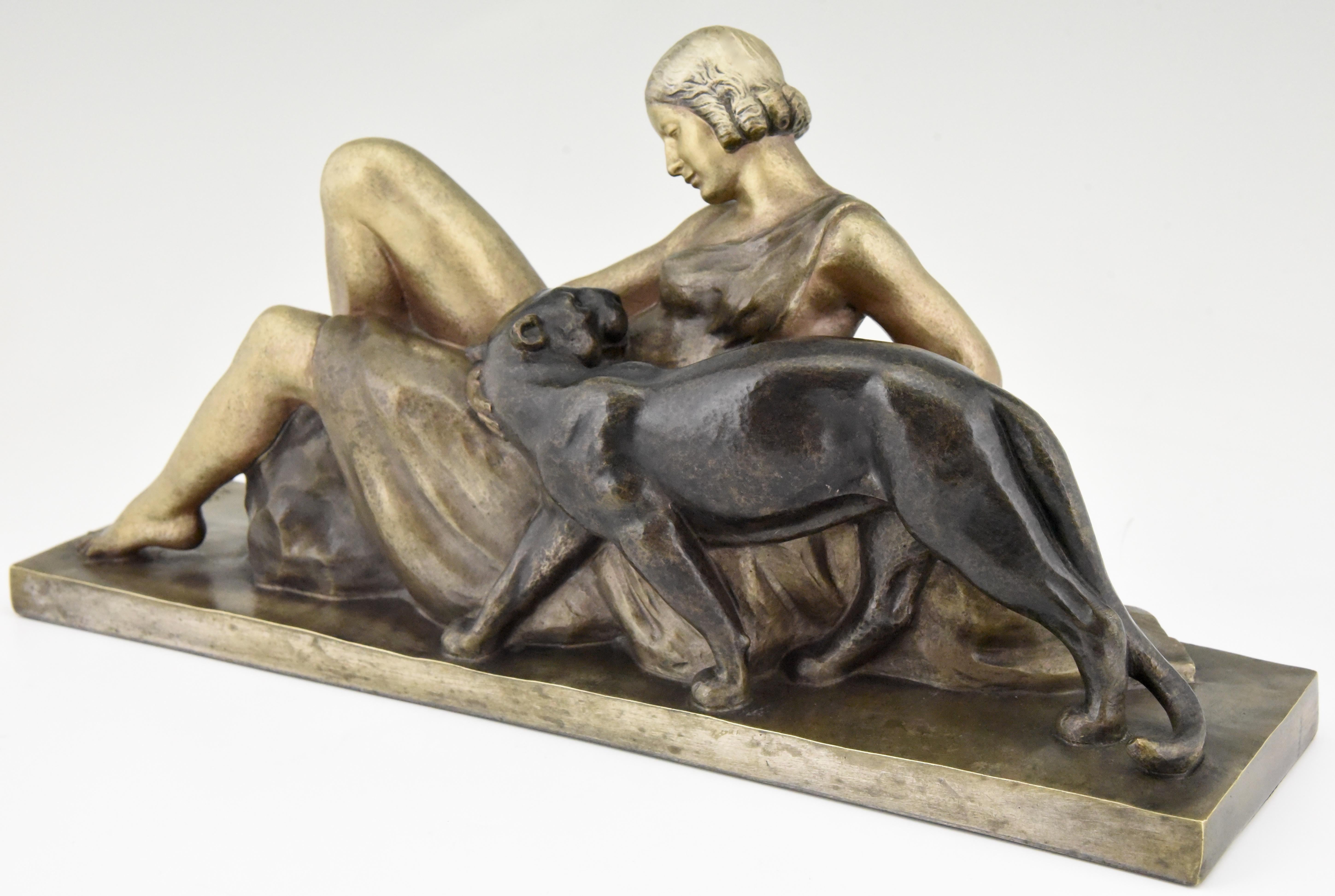 Art Deco Bronze Sculpture Lady with Panther Alexandre Ouline, France, 1930 2