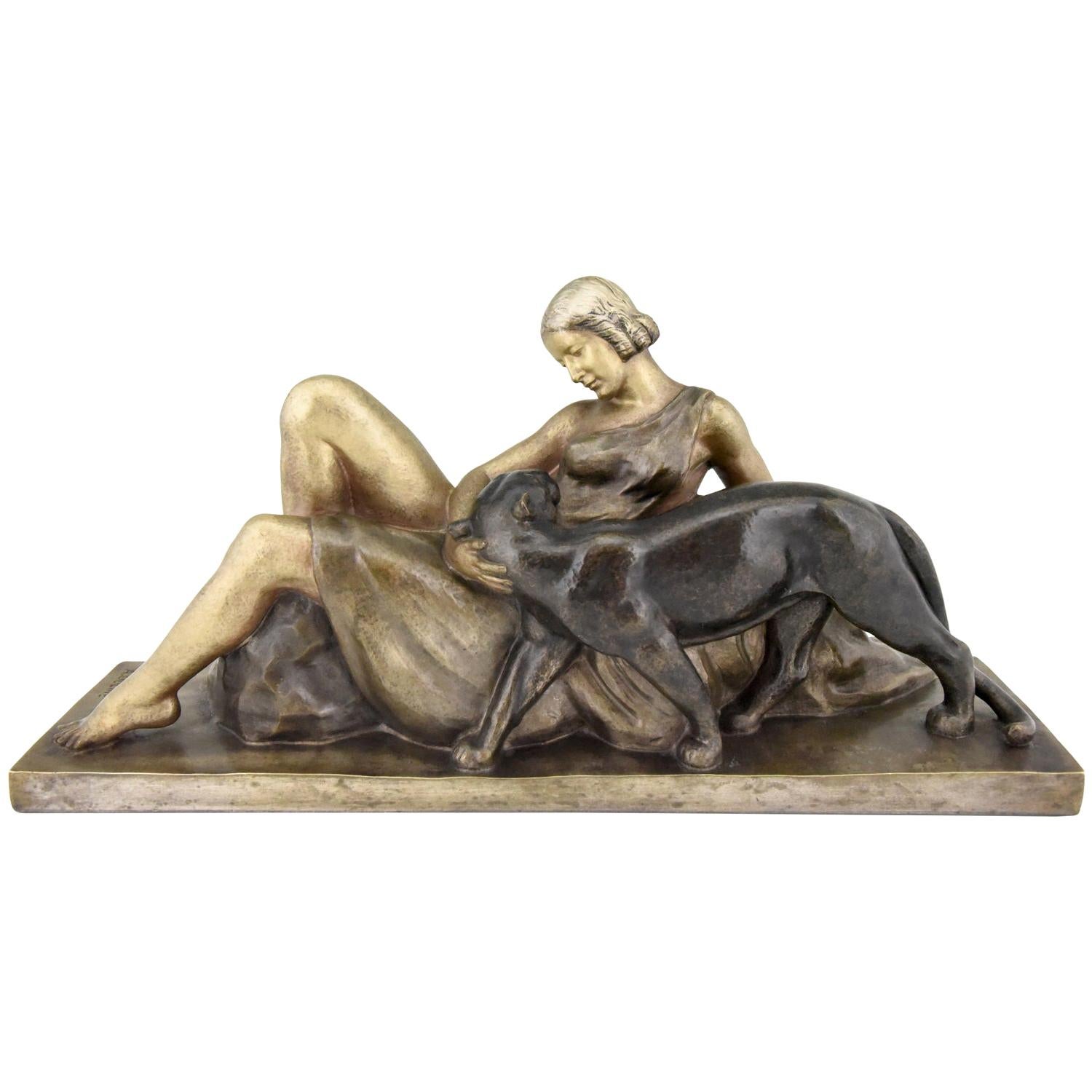 Art Deco Bronze Sculpture Lady with Panther Alexandre Ouline, France, 1930