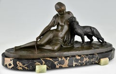 Scultura in bronzo Art Deco Signora con pantera firmata da C. Charles Francia 1930