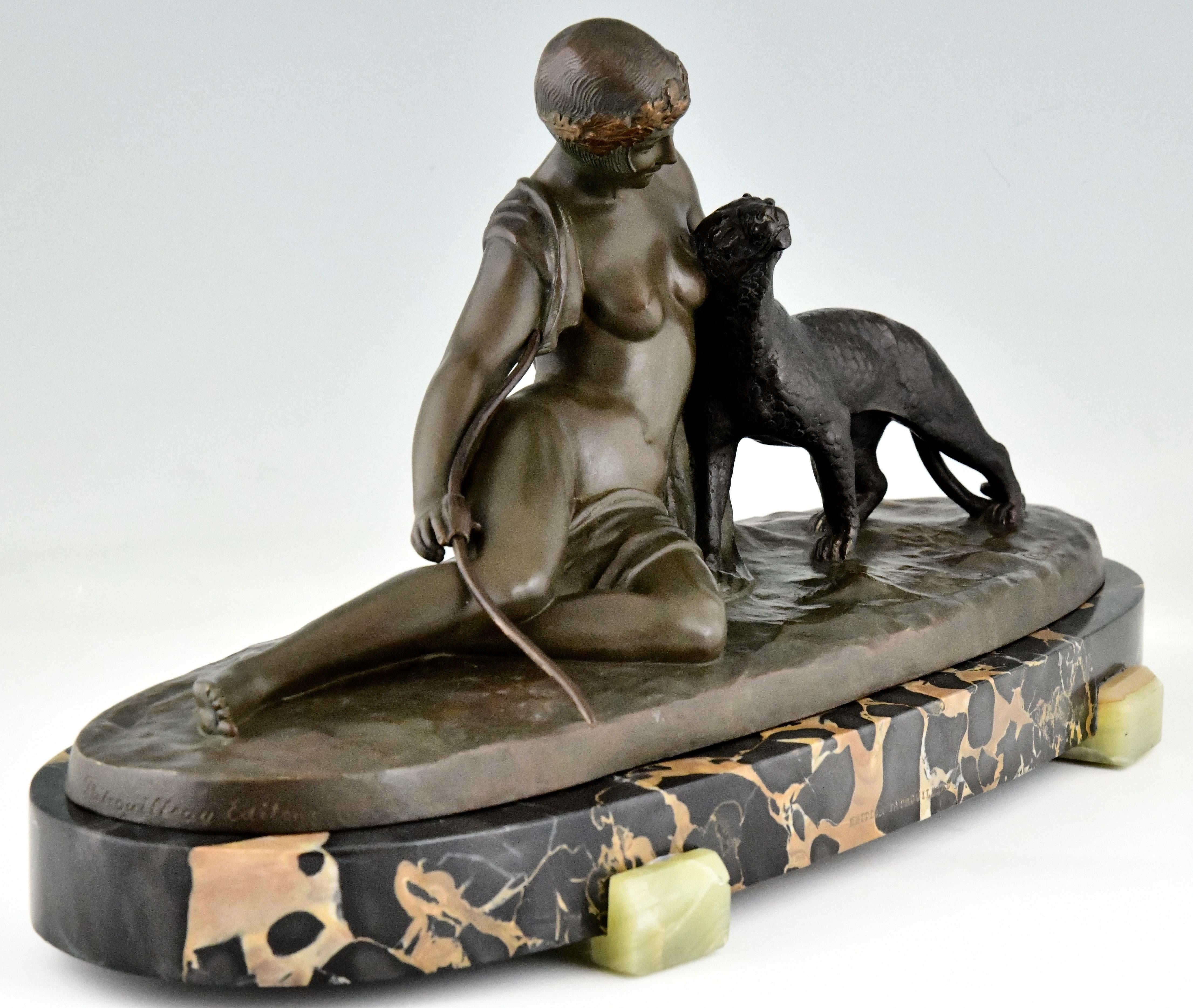 French Art Deco Bronze Sculpture Lady with Panther Signed by C. Charles France 1930 For Sale