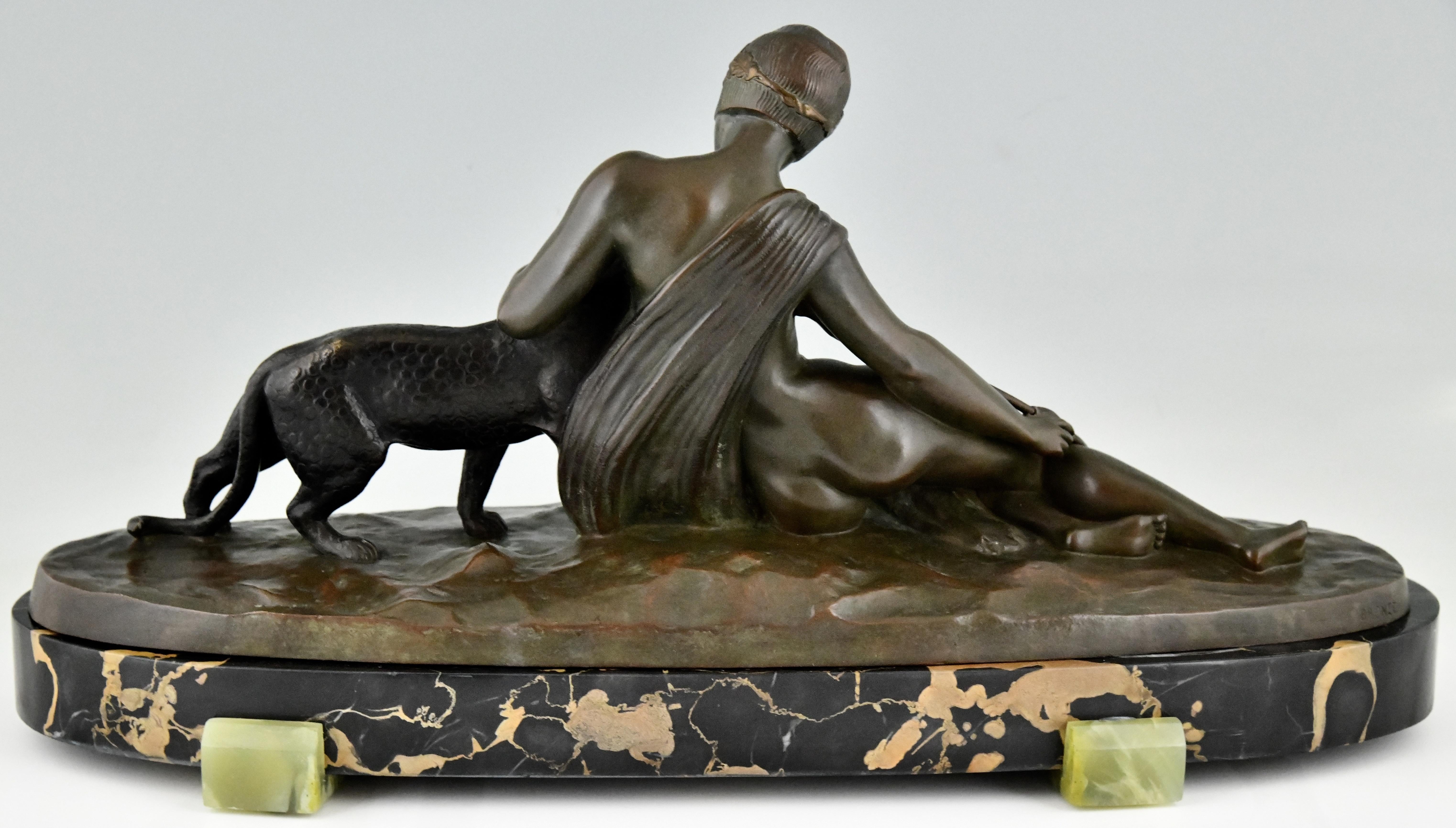 Art Deco Bronze Sculpture Lady with Panther Signed by C. Charles France 1930 In Good Condition For Sale In Antwerp, BE