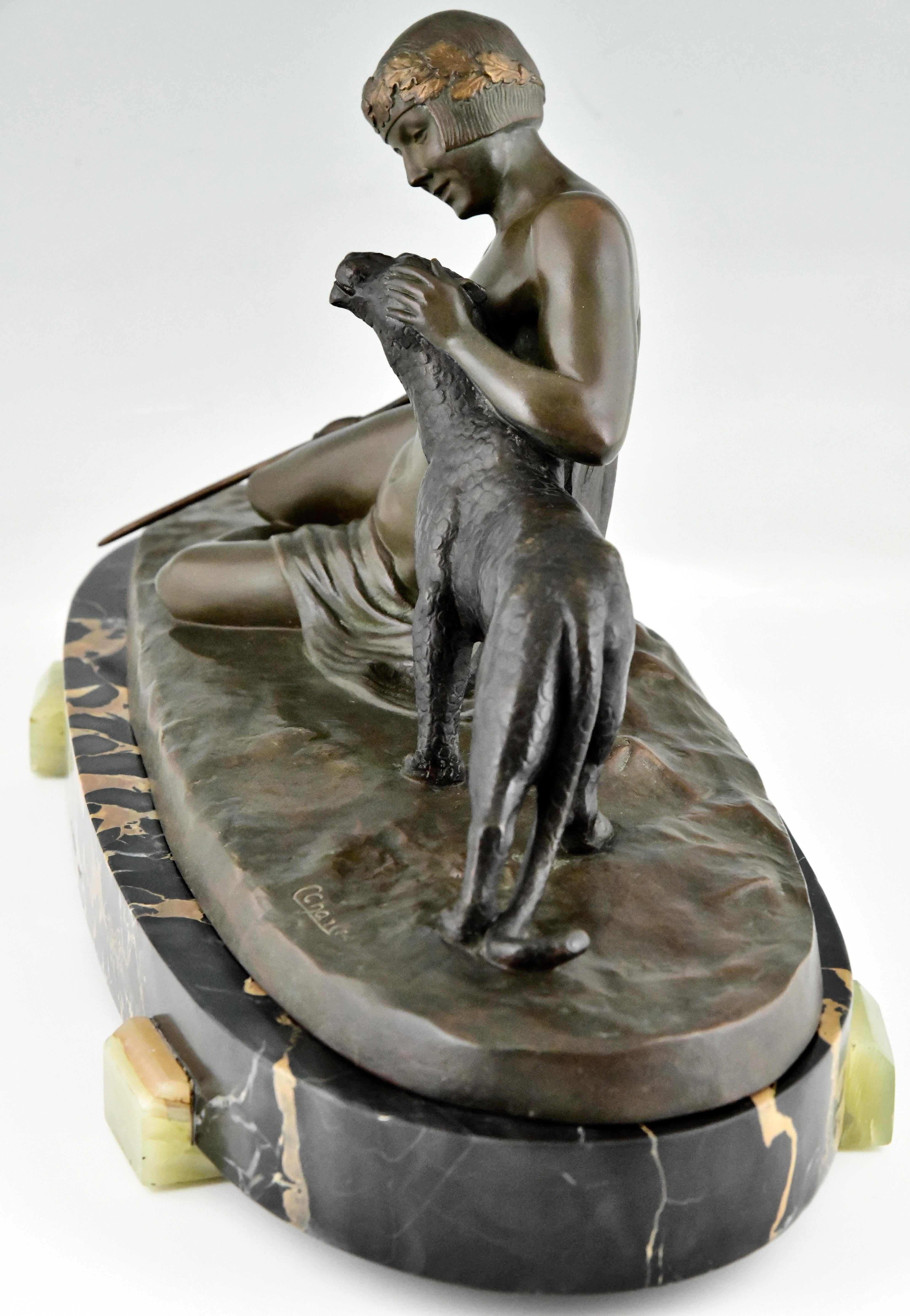 Mid-20th Century Art Deco Bronze Sculpture Lady with Panther Signed by C. Charles France 1930 For Sale