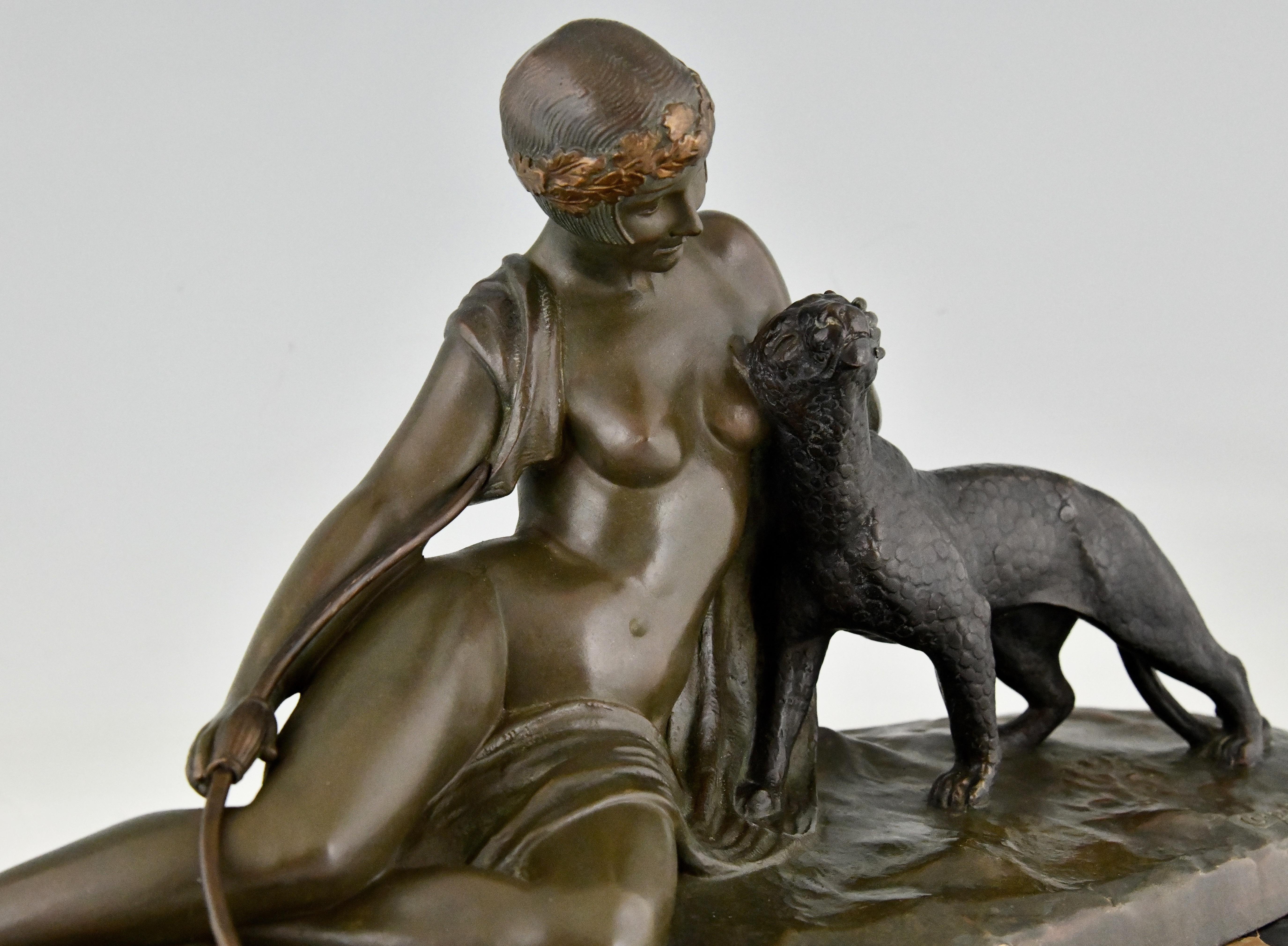 Art Deco Bronze Sculpture Lady with Panther Signed by C. Charles France 1930 For Sale 3