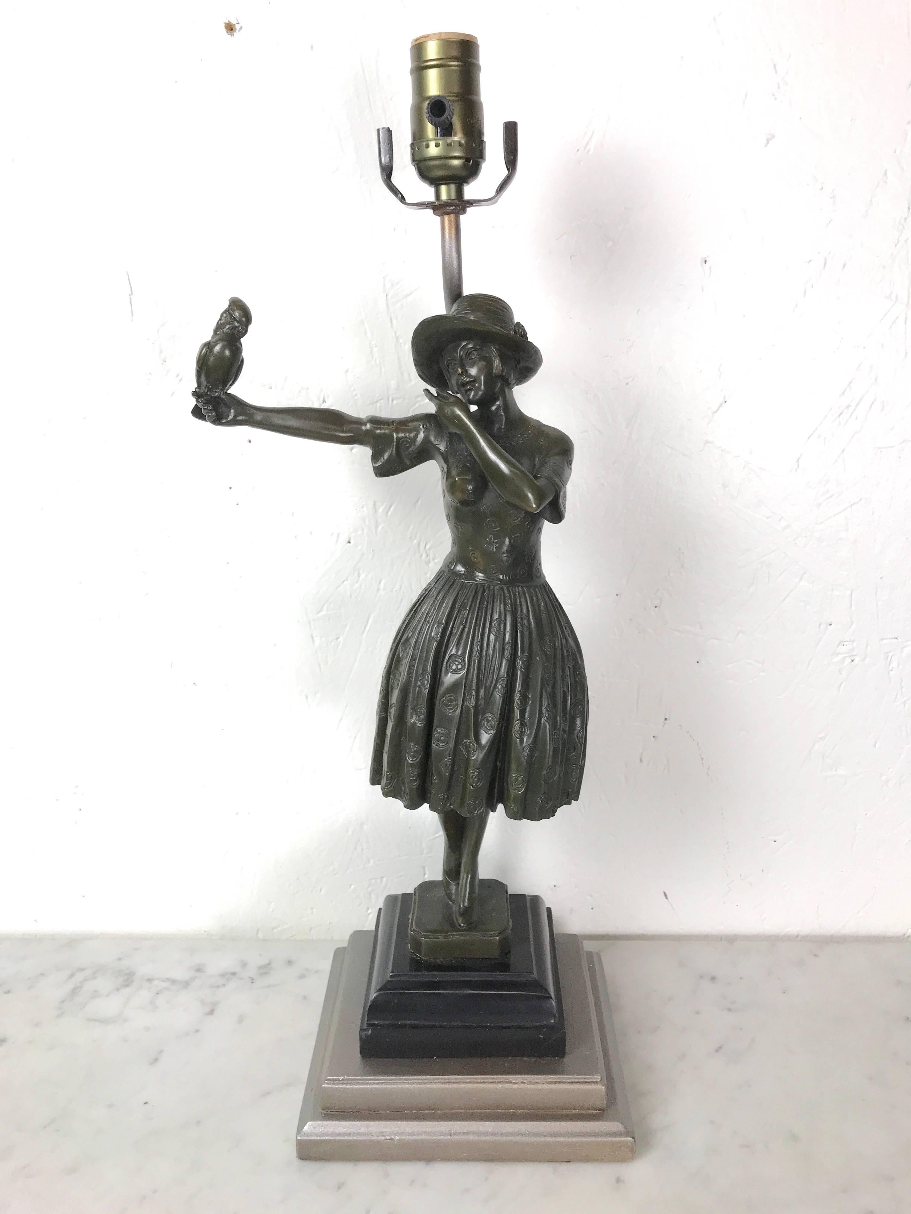 Art Deco bronze sculpture lady with parrot, now as a lamp.
Measures: 21