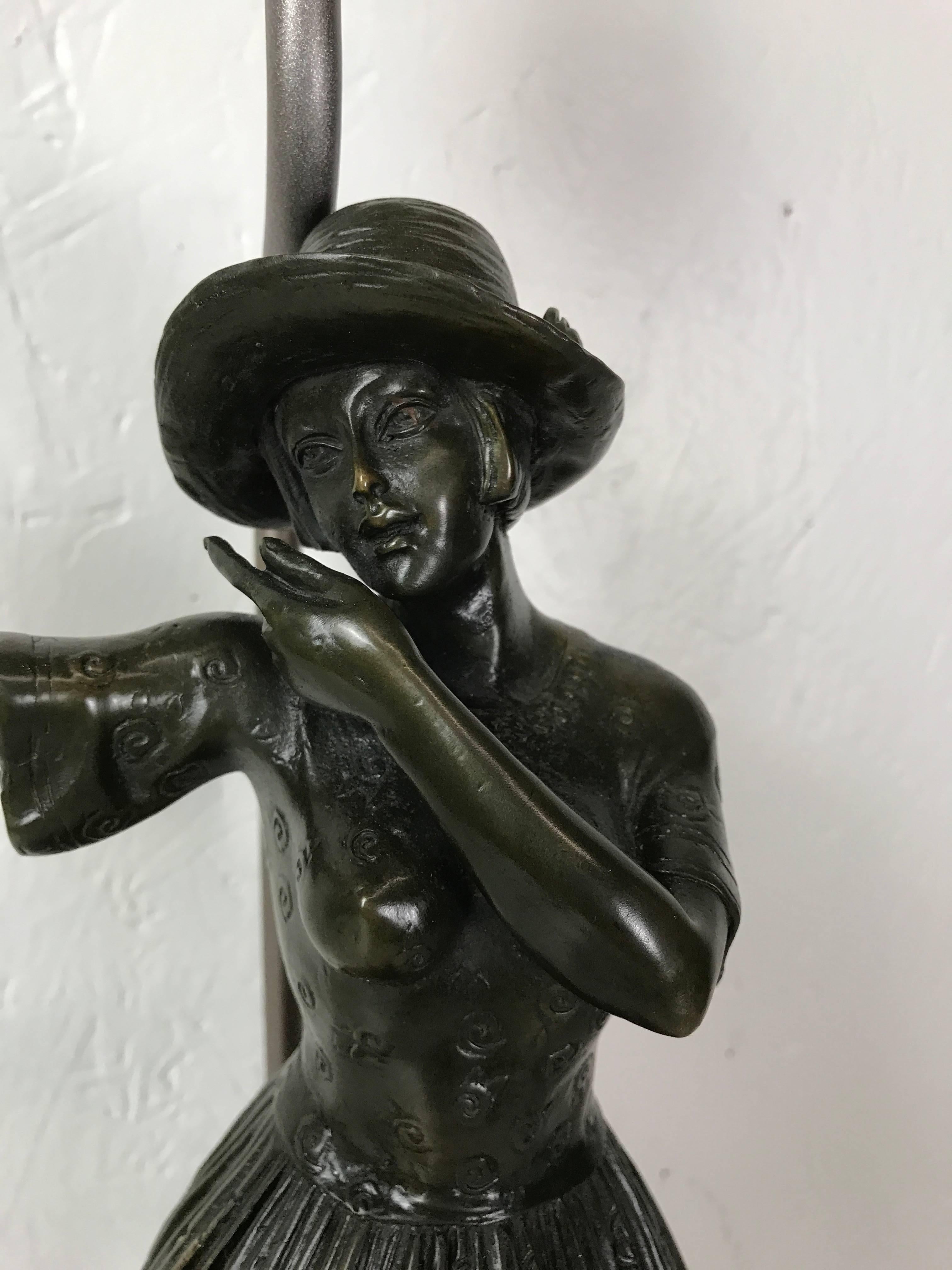 Cast Art Deco Bronze Sculpture Lady with Parrot, Now as a Lamp For Sale