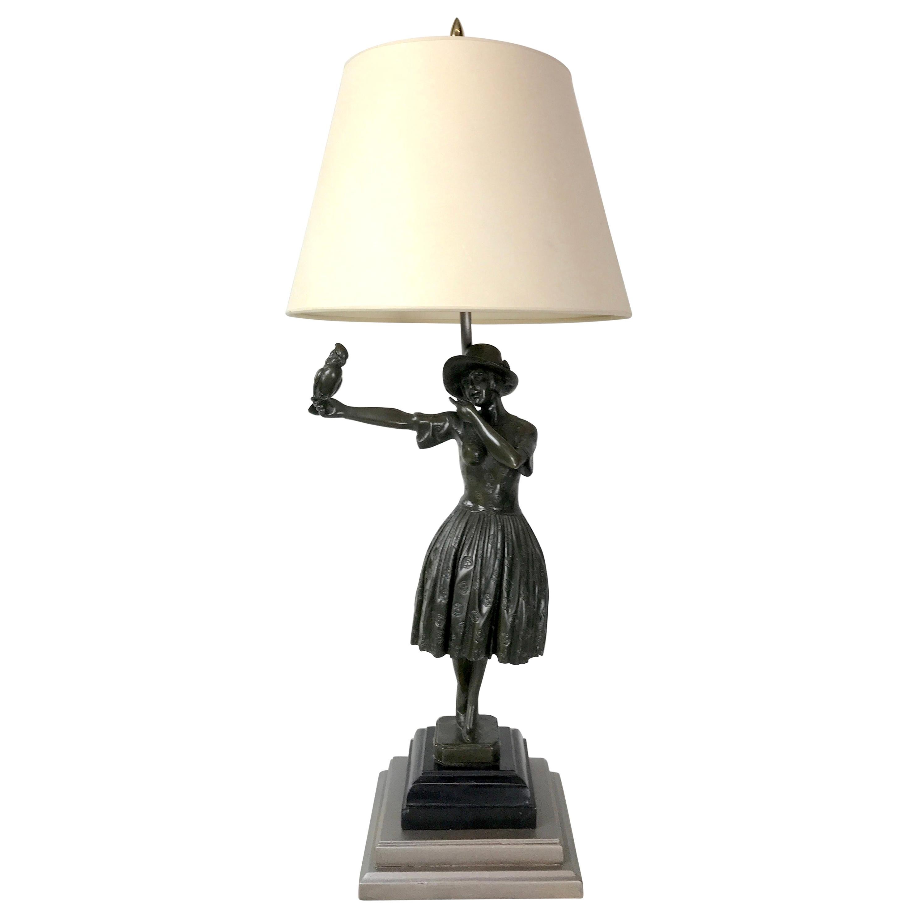 Art Deco Bronze Sculpture Lady with Parrot, Now as a Lamp For Sale