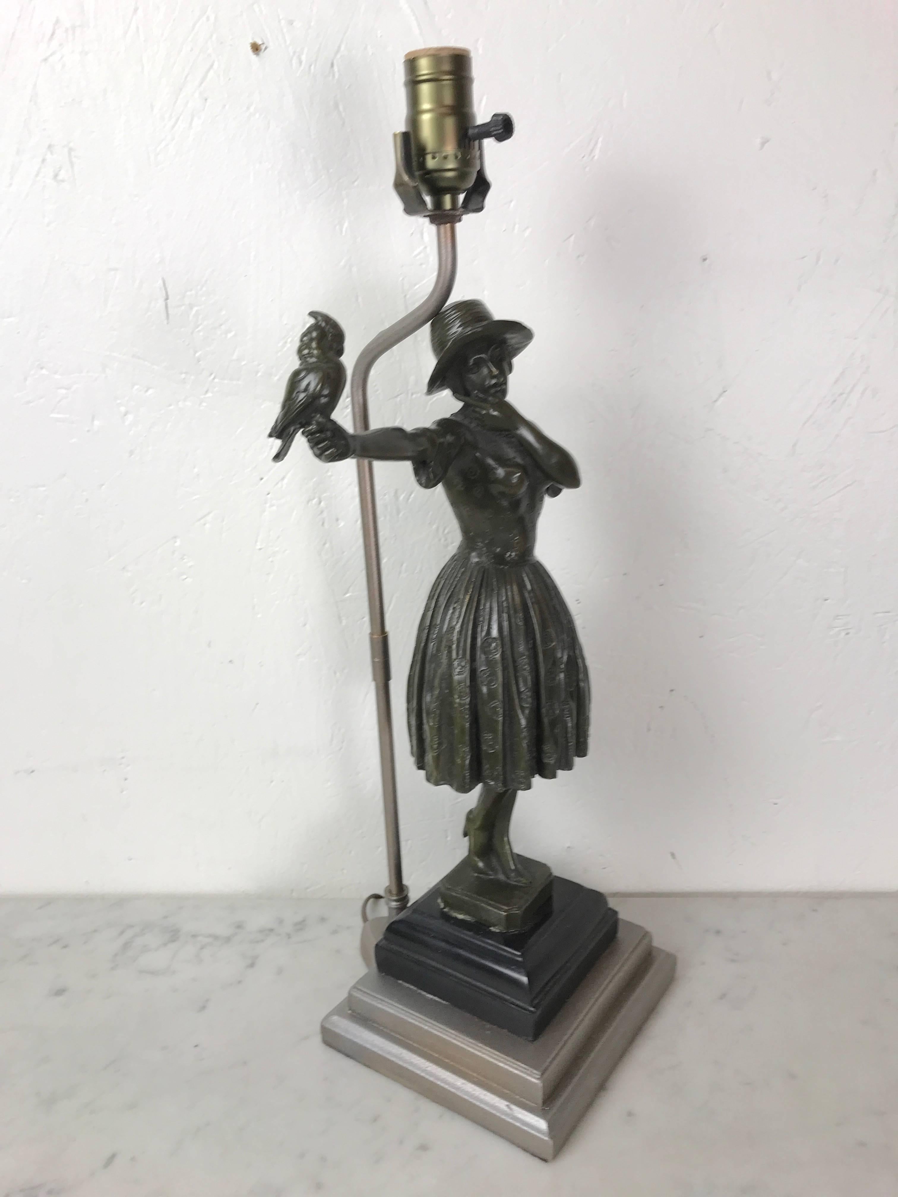 European Art Deco Bronze Sculpture Lady with Parrot, Now as a Lamp For Sale