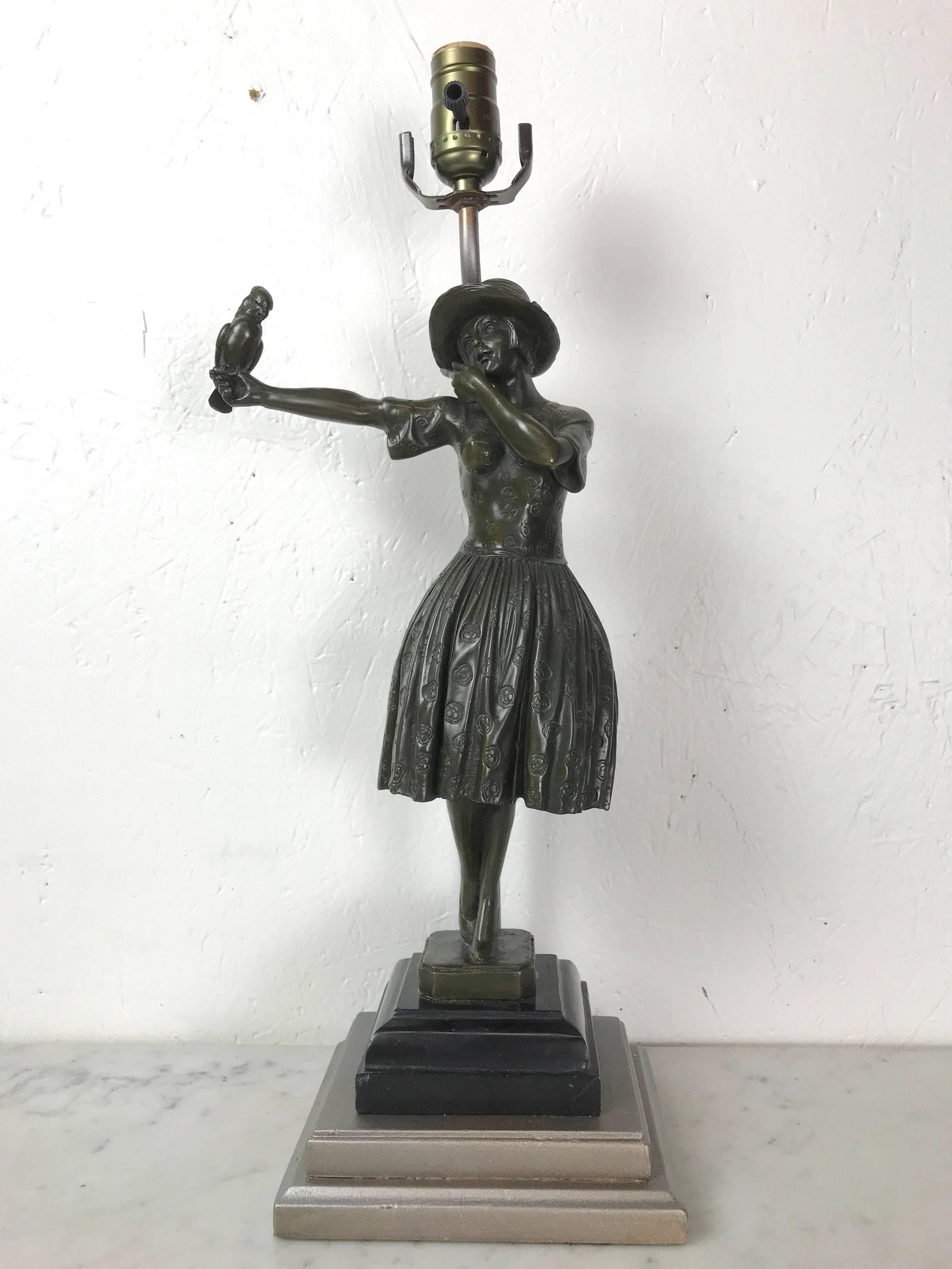 20th Century Art Deco Bronze Sculpture Lady with Parrot, Now as a Lamp For Sale