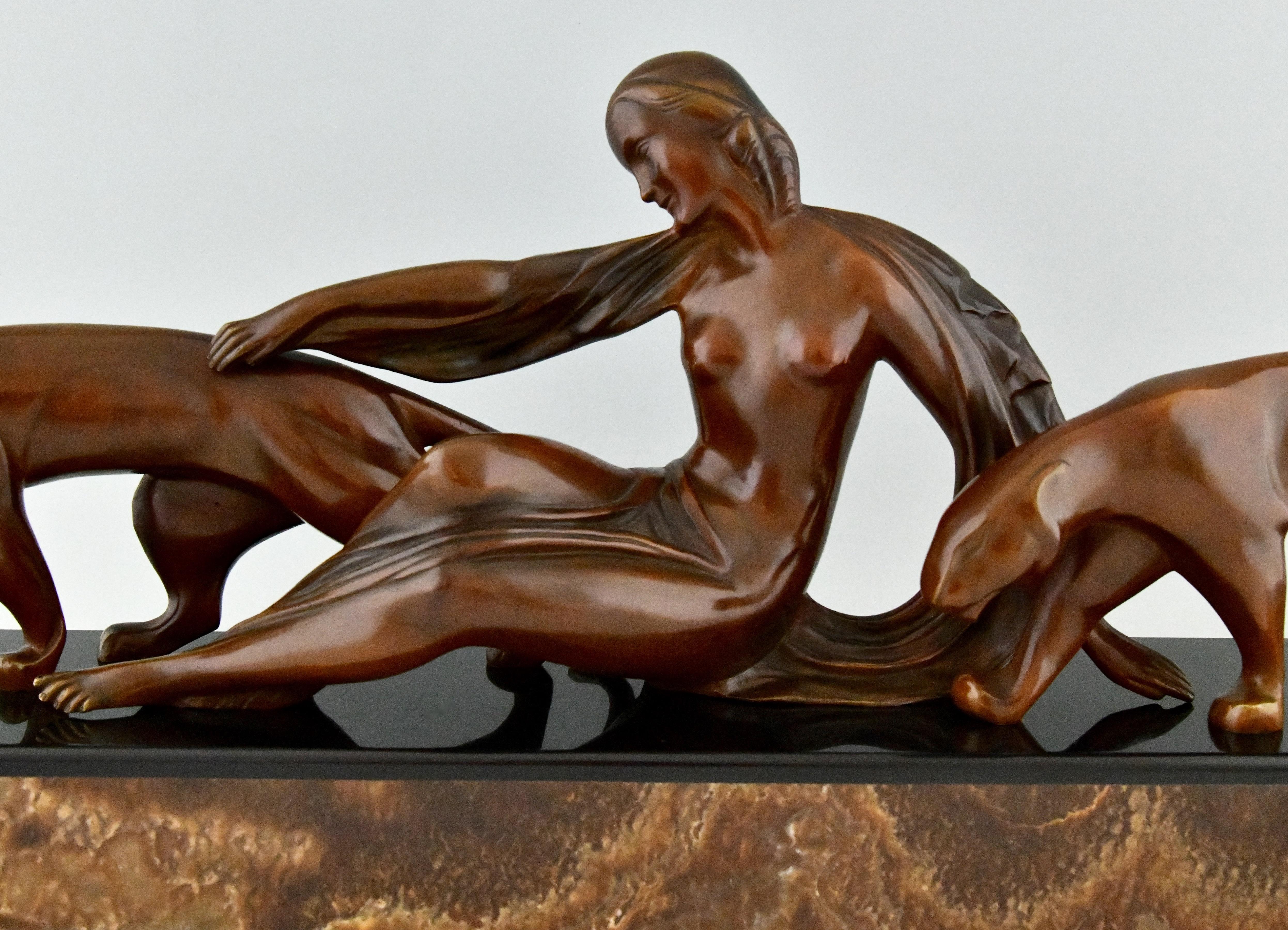 Art Deco Bronze Sculpture Lady with Two Panthers by Michel Decoux 1920 4