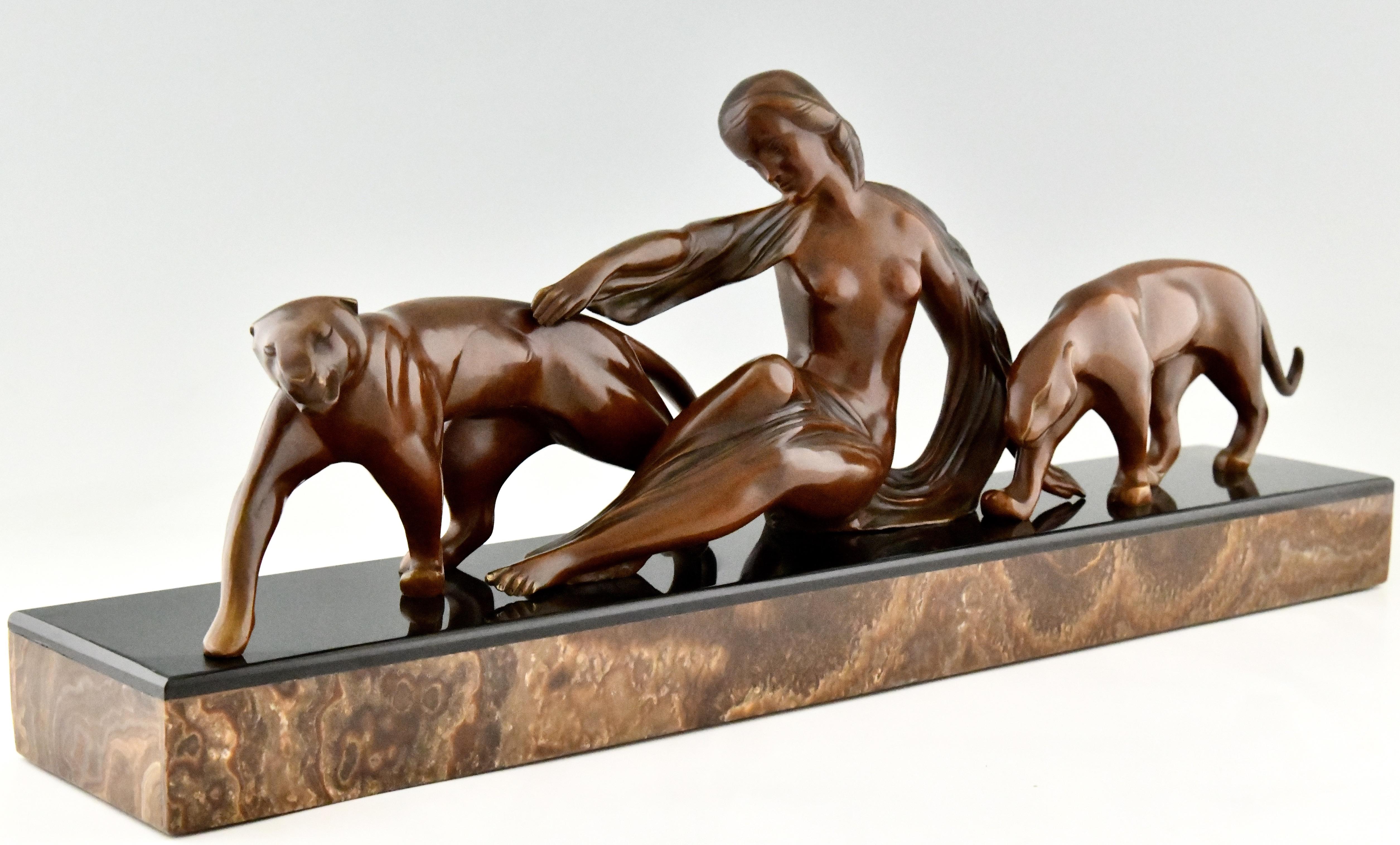 French Art Deco Bronze Sculpture Lady with Two Panthers by Michel Decoux 1920