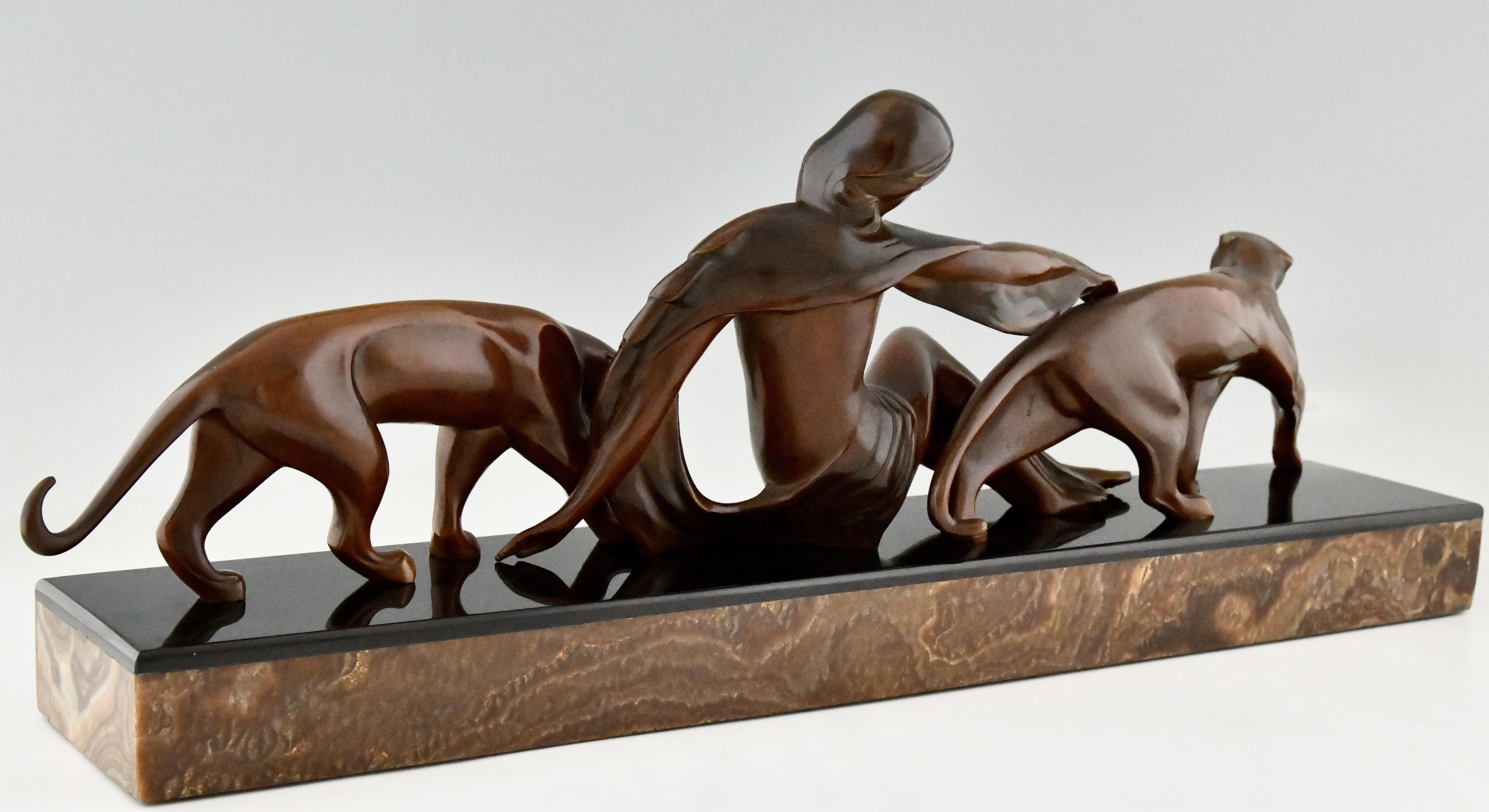 Art Deco Bronze Sculpture Lady with Two Panthers by Michel Decoux 1920 1