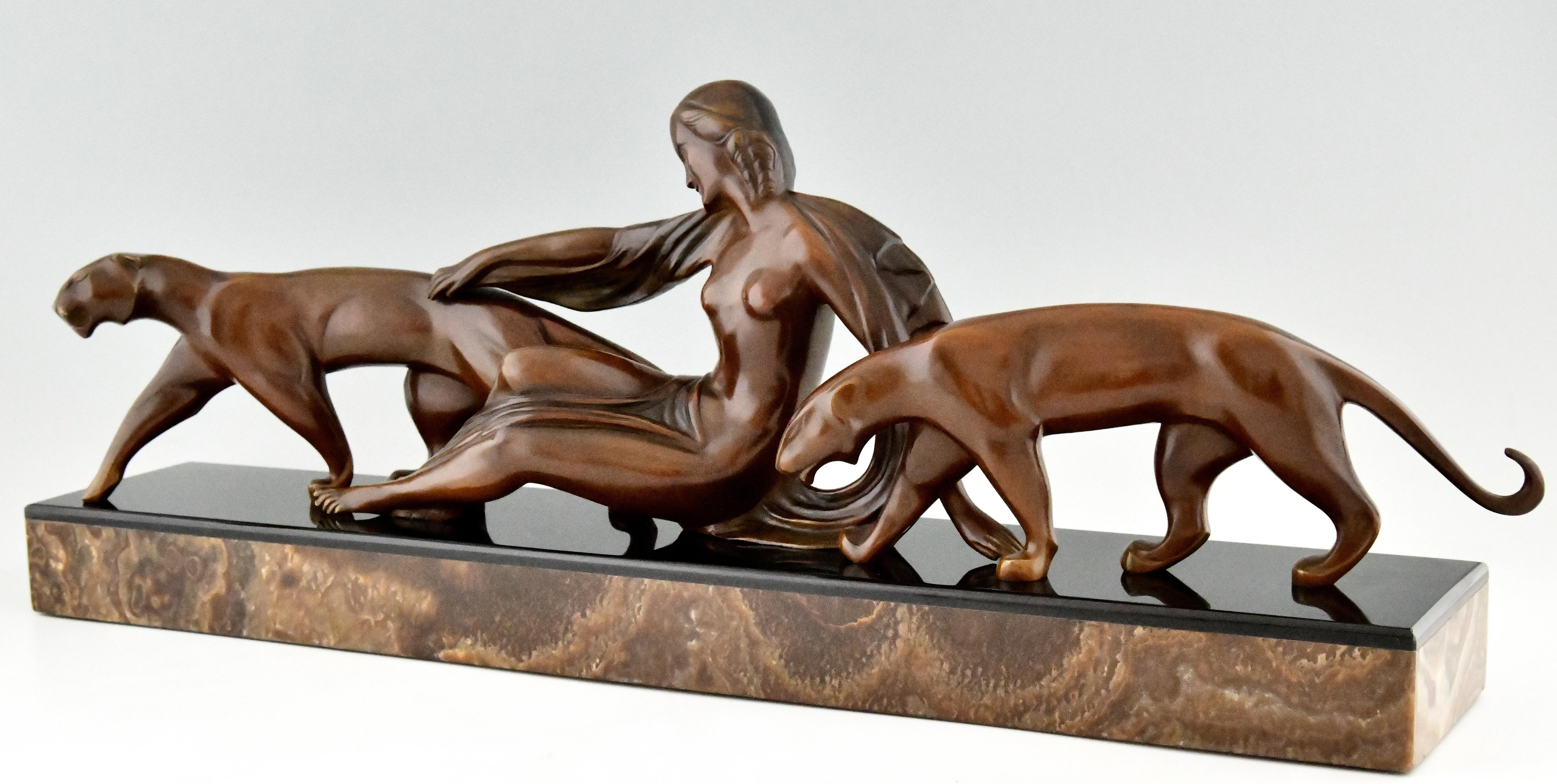 Art Deco Bronze Sculpture Lady with Two Panthers by Michel Decoux 1920 3