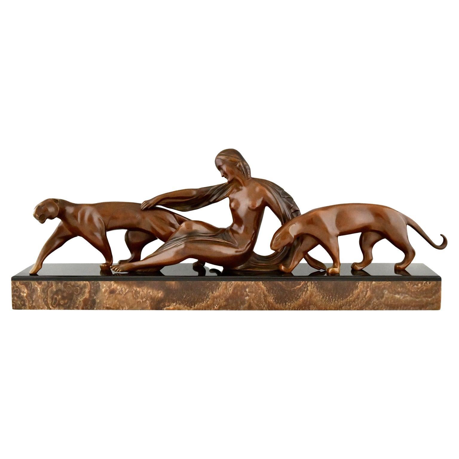 Art Deco Bronze Sculpture Lady with Two Panthers by Michel Decoux 1920