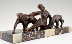 Art Deco Bronze Sculpture Lady with Two Panthers Michel Decoux, 1930