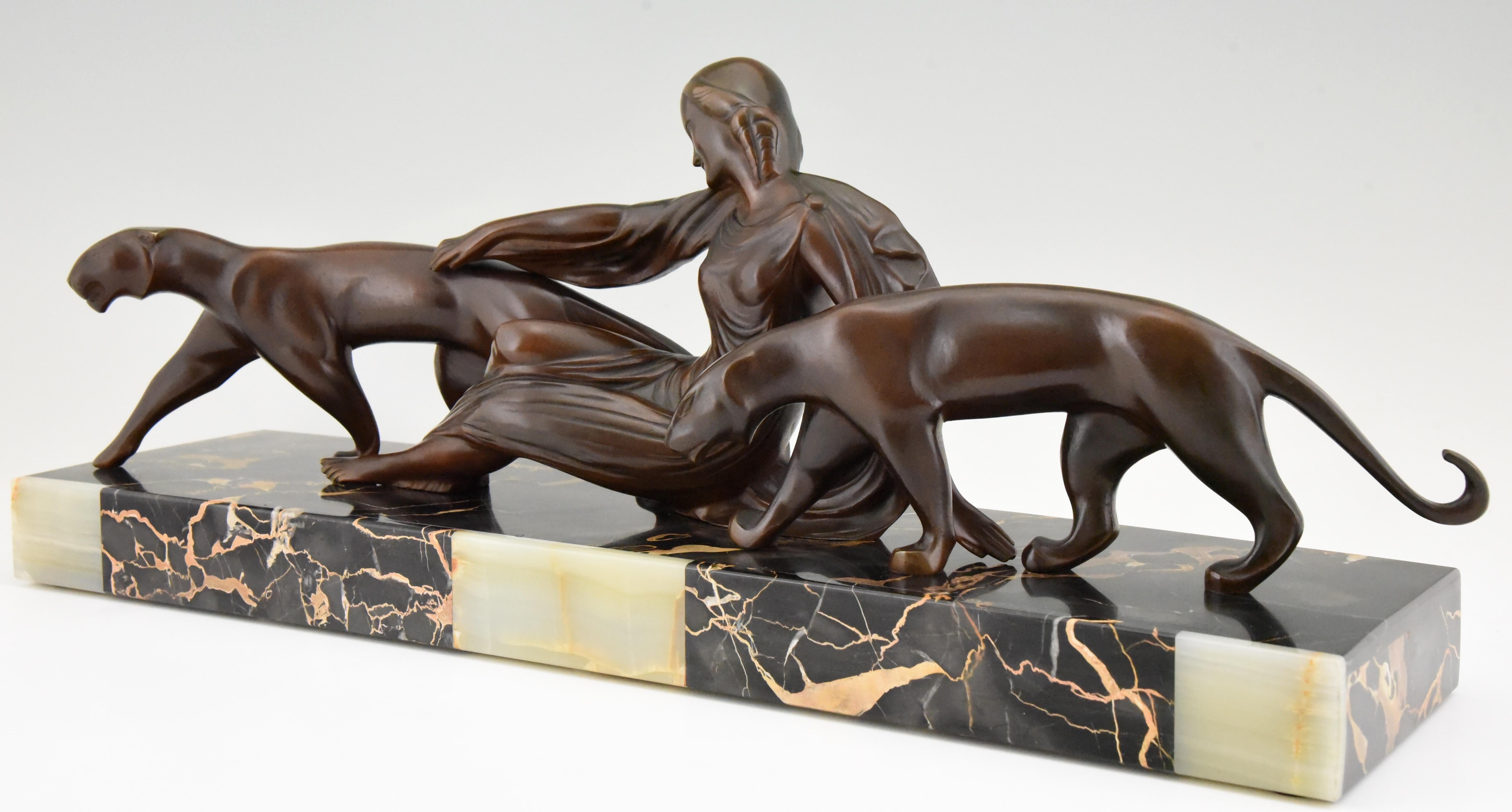 Art Deco Bronze Sculpture Lady with Two Panthers Michel Decoux, 1930 1