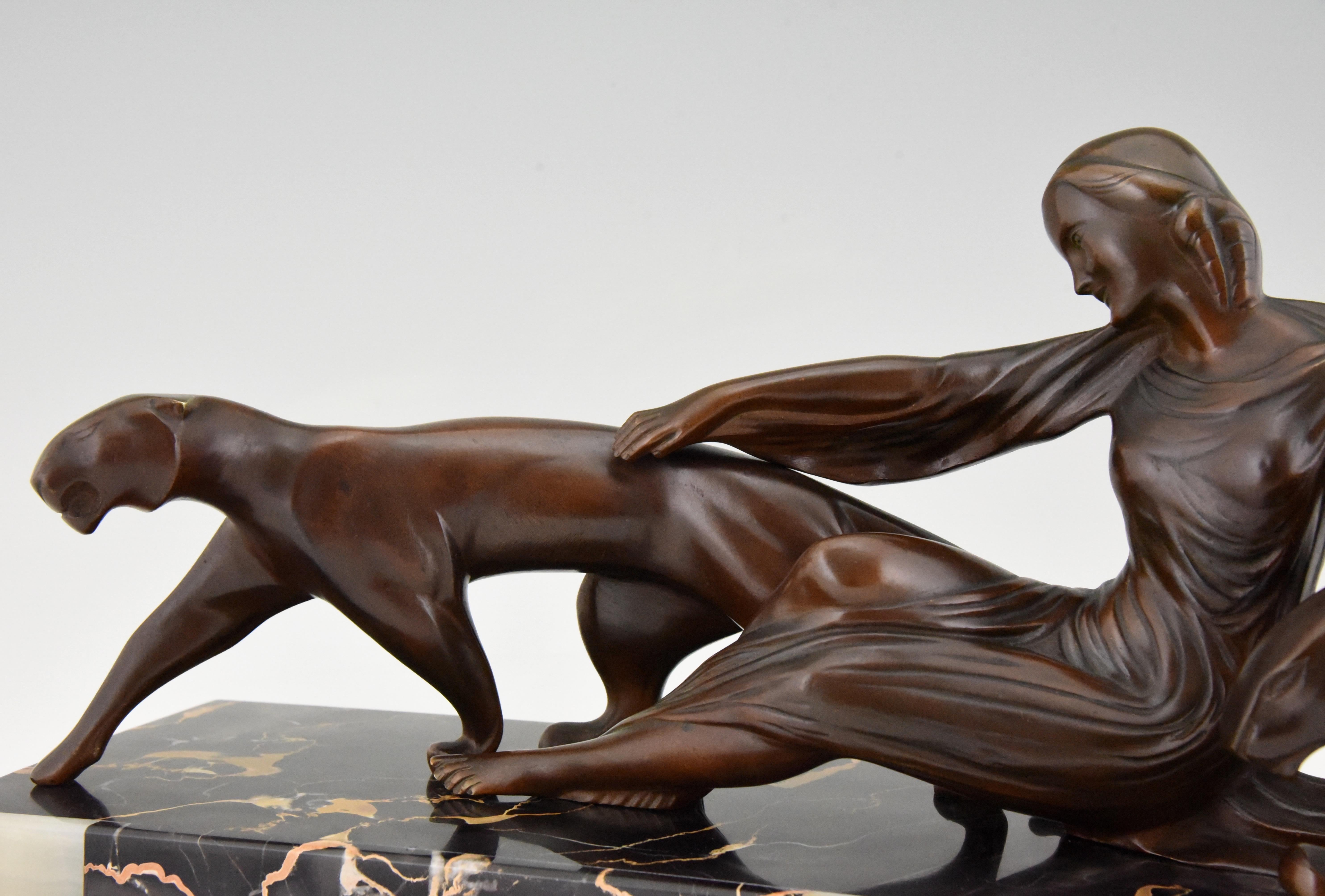 Art Deco Bronze Sculpture Lady with Two Panthers Michel Decoux, 1930 3