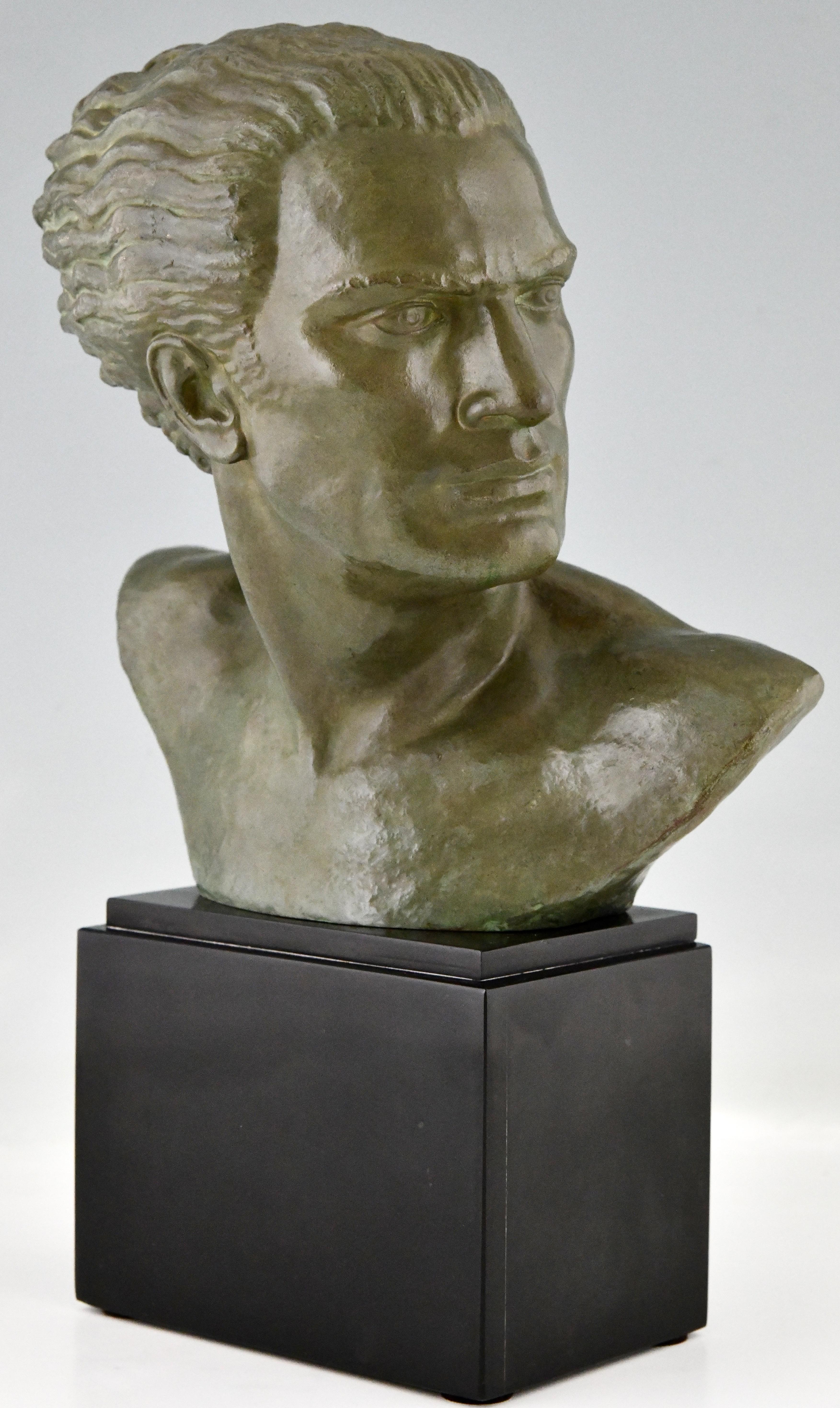 French Art Deco Bronze Sculpture Male Bust Aviator Jean Mermoz by Alfred Gilbert, 1925
